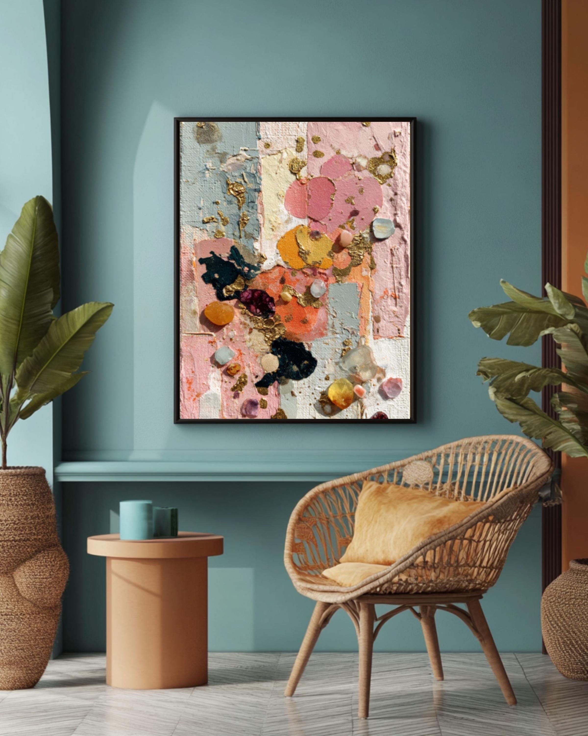 Abstract Gold Leaf Collage Canvas Art – Gemstone Texture