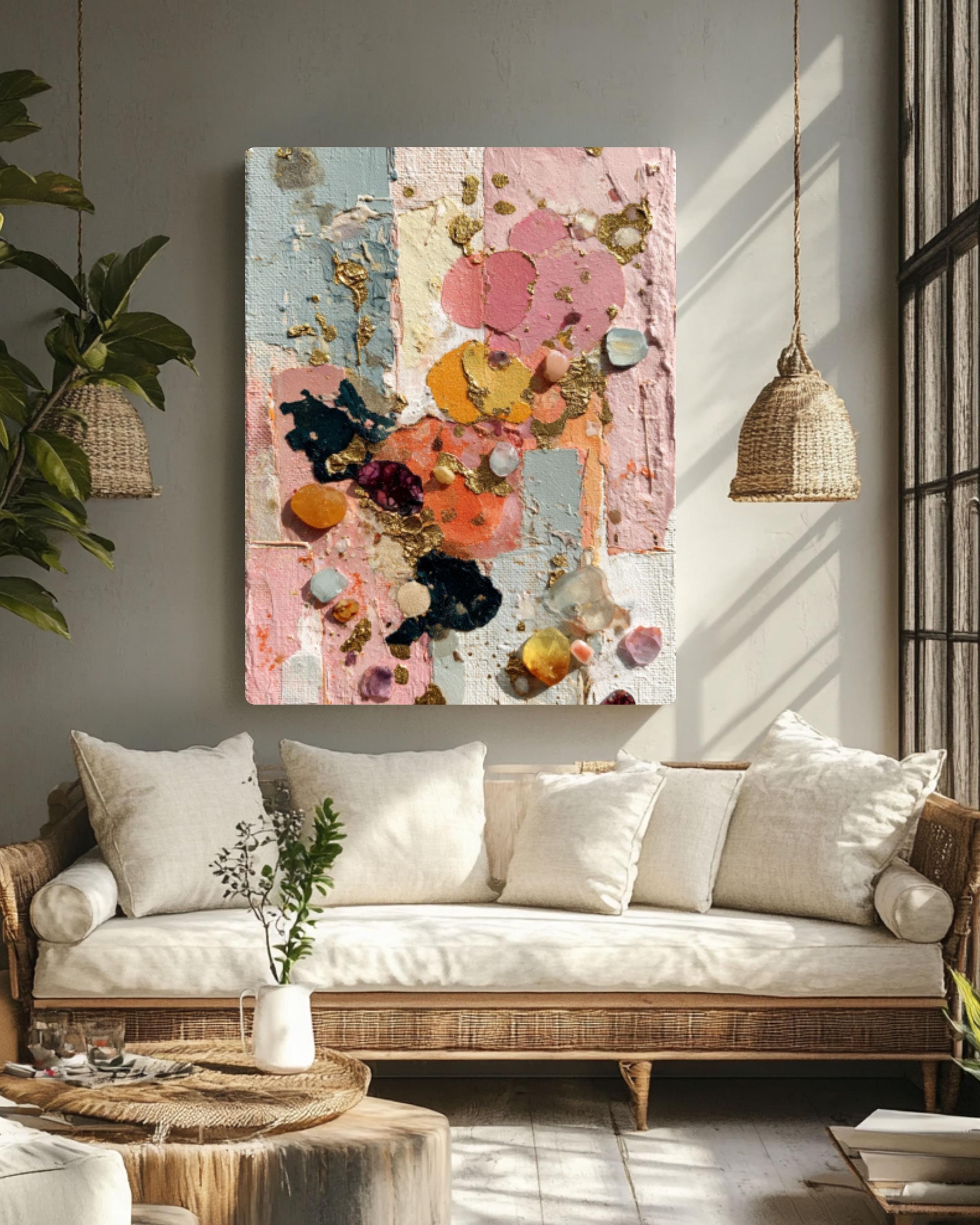 Abstract Gold Leaf Collage Canvas Art – Gemstone Texture