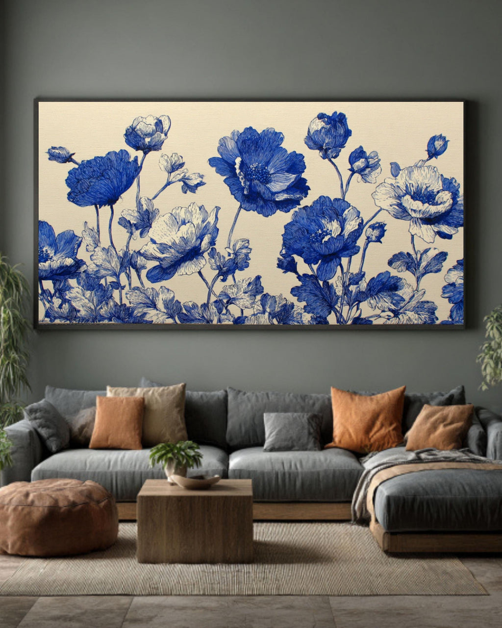 Blue Floral Ink Botanical Wall Art – Vintage Linework Canvas Print