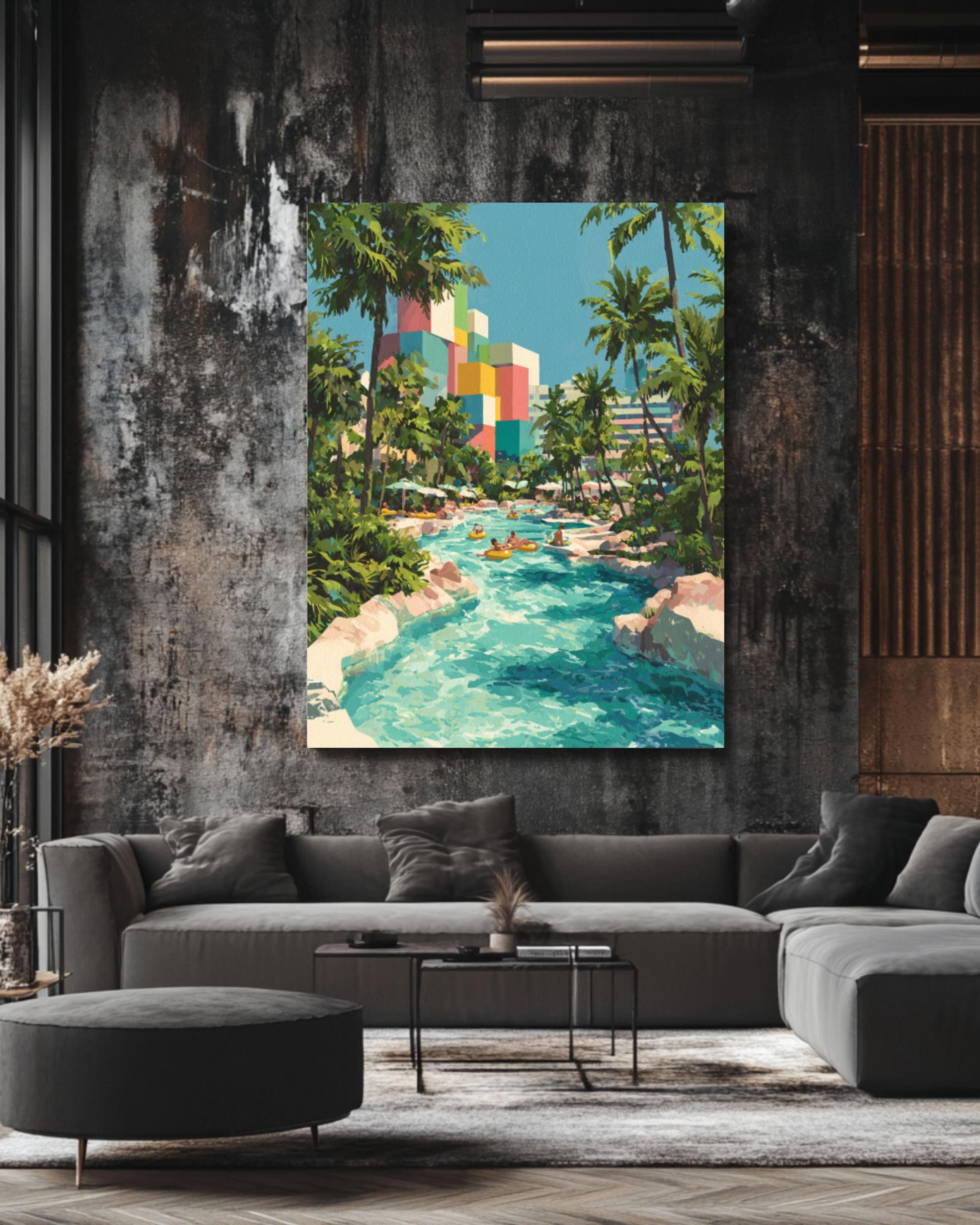 Miami Water Park Gouache Art Print – Colorful Retro Summer Scene