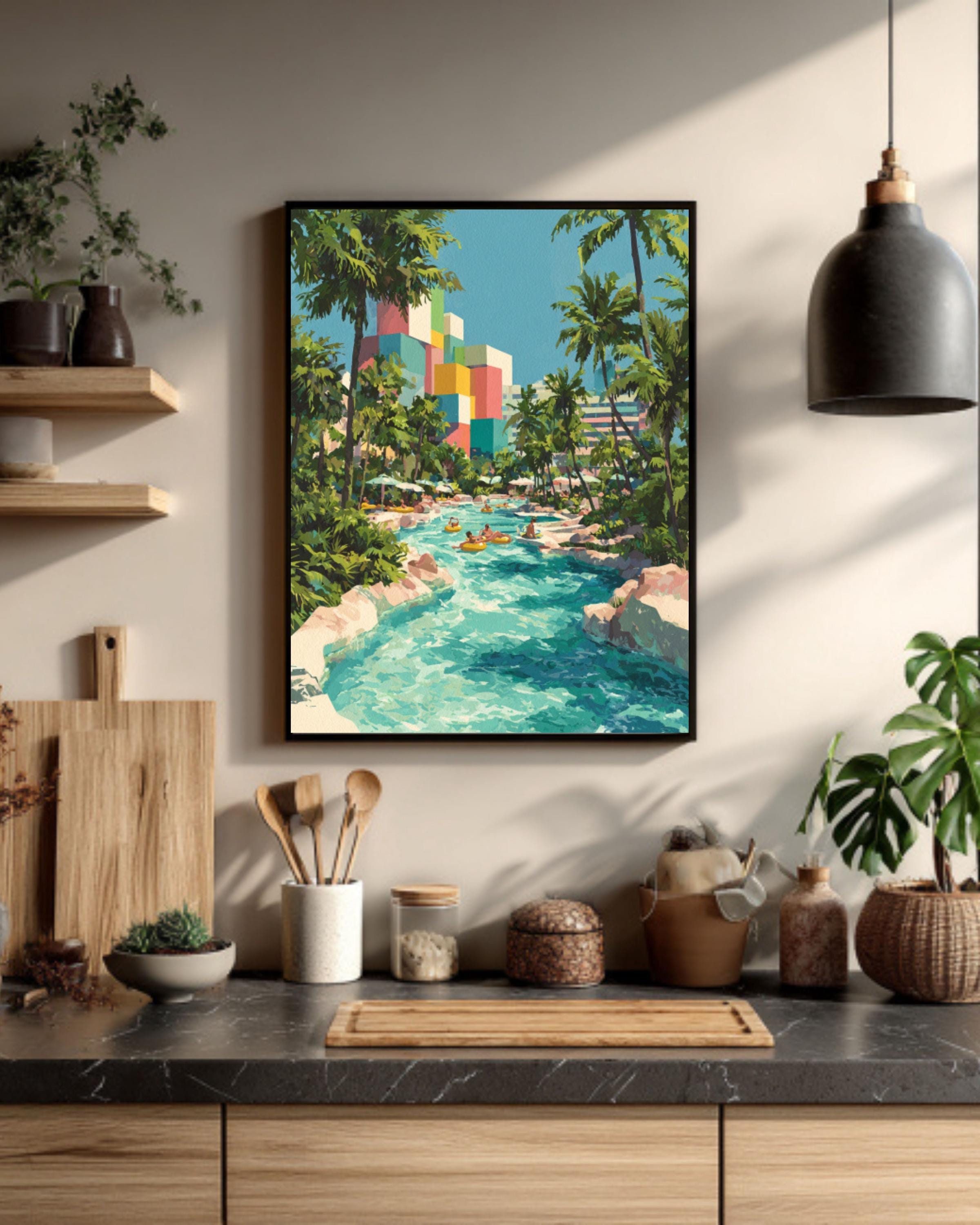 Miami Water Park Gouache Art Print – Colorful Retro Summer Scene