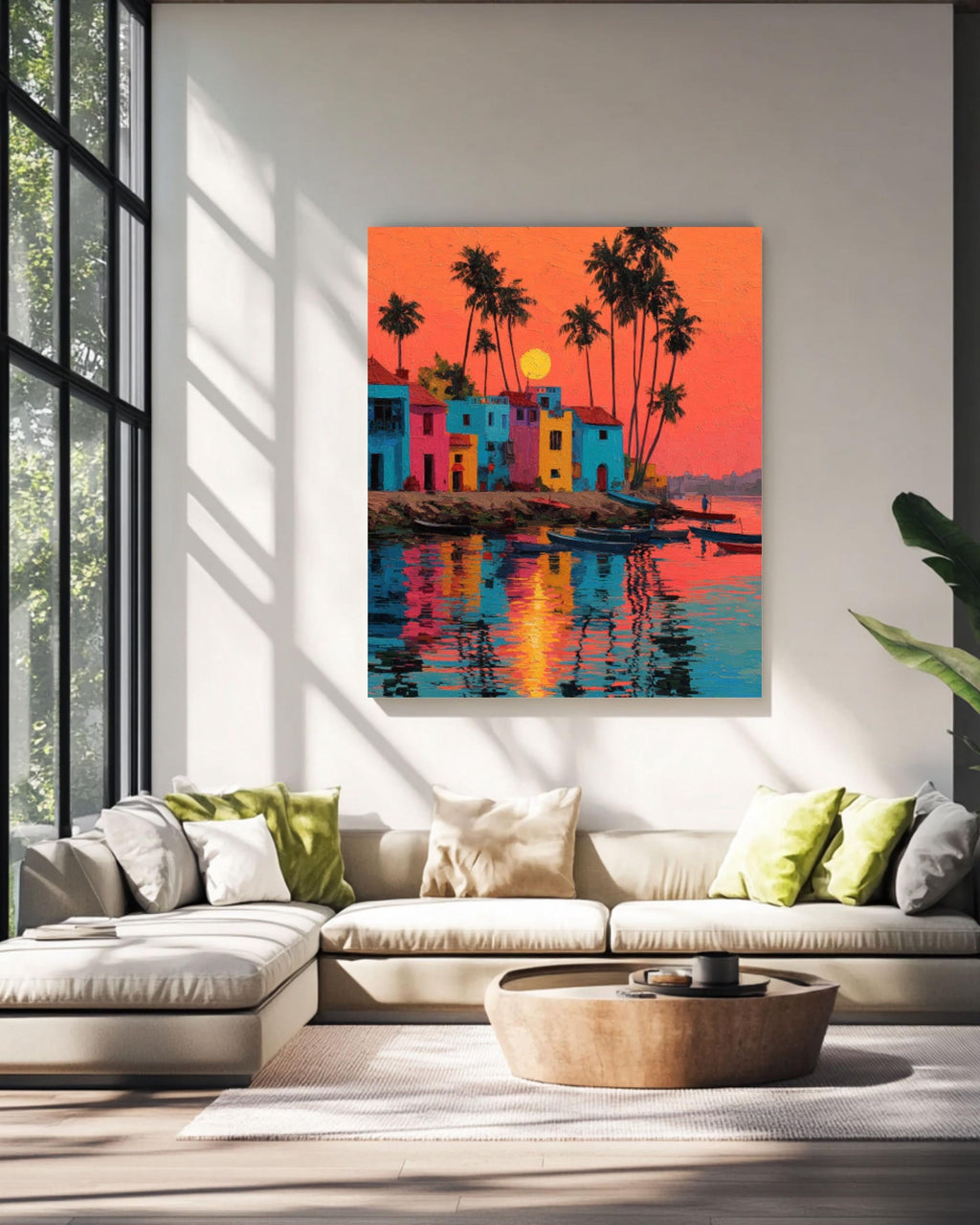Tropical Beach Sunset Canvas Wall Art – Palm Trees & Indian Architecture