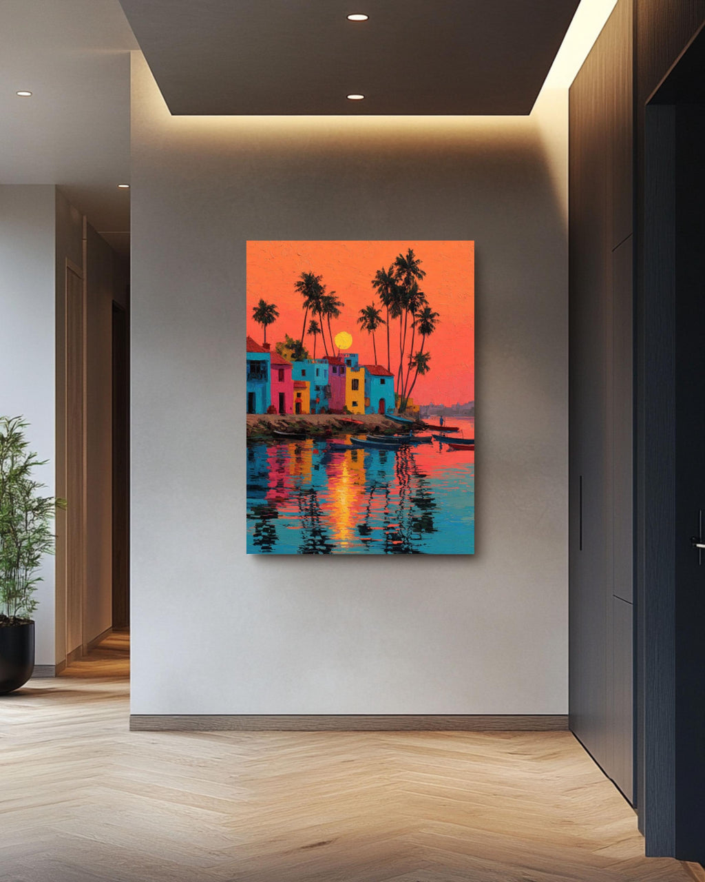 Tropical Beach Sunset Canvas Wall Art – Palm Trees & Indian Architecture