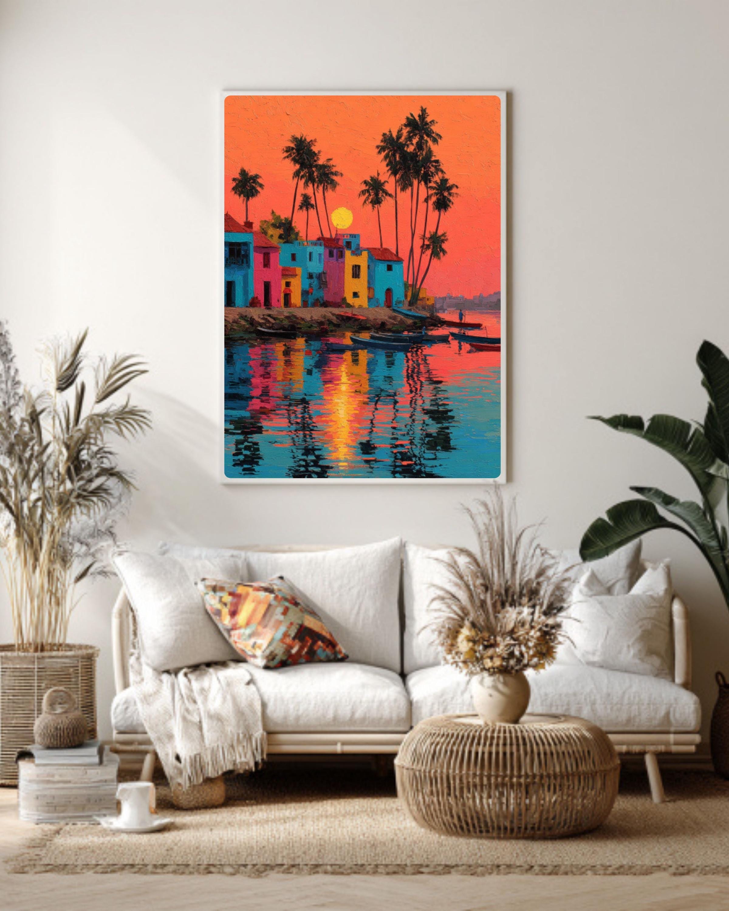 Tropical Beach Sunset Canvas Wall Art – Palm Trees & Indian Architecture