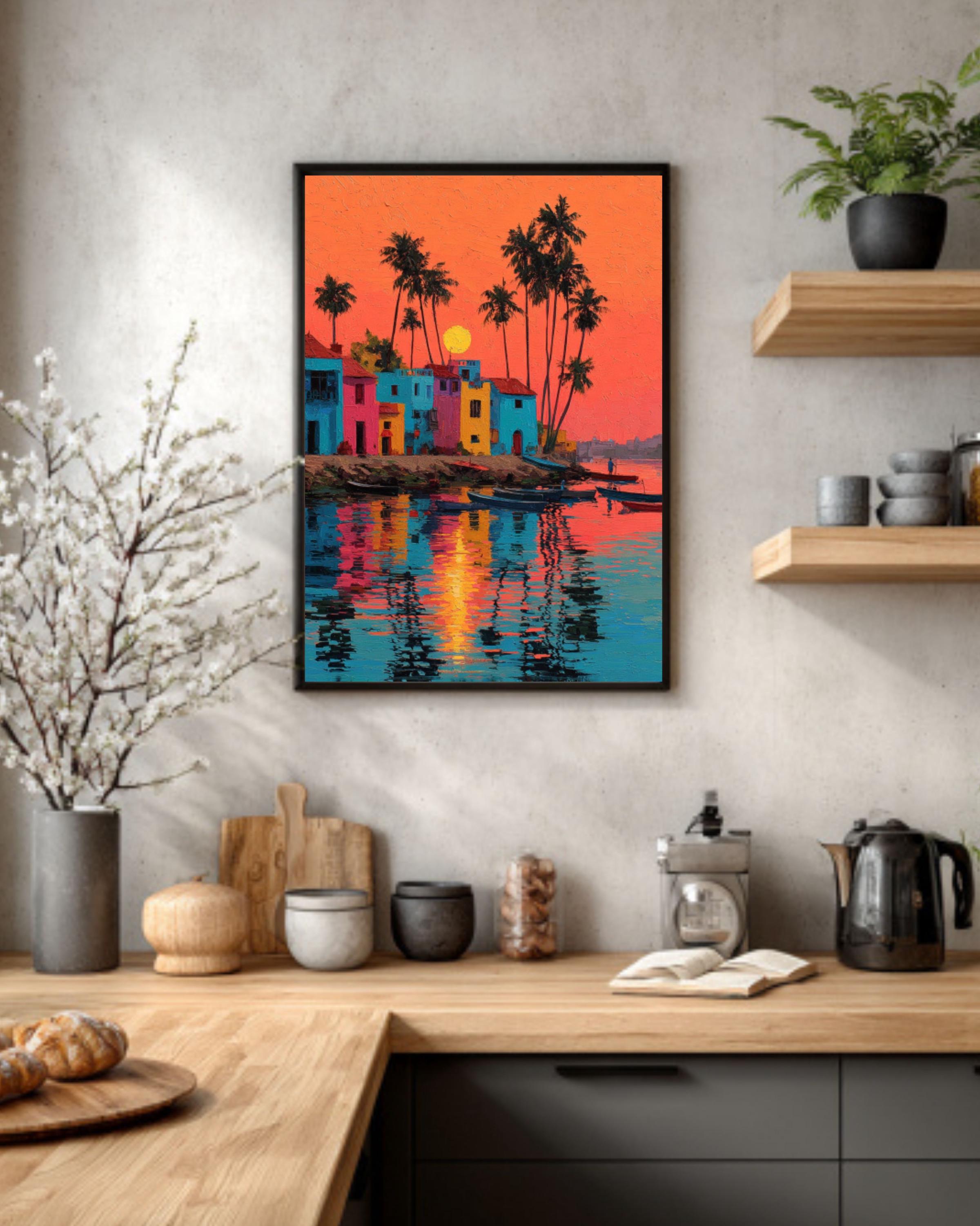 Tropical Beach Sunset Canvas Wall Art – Palm Trees & Indian Architecture