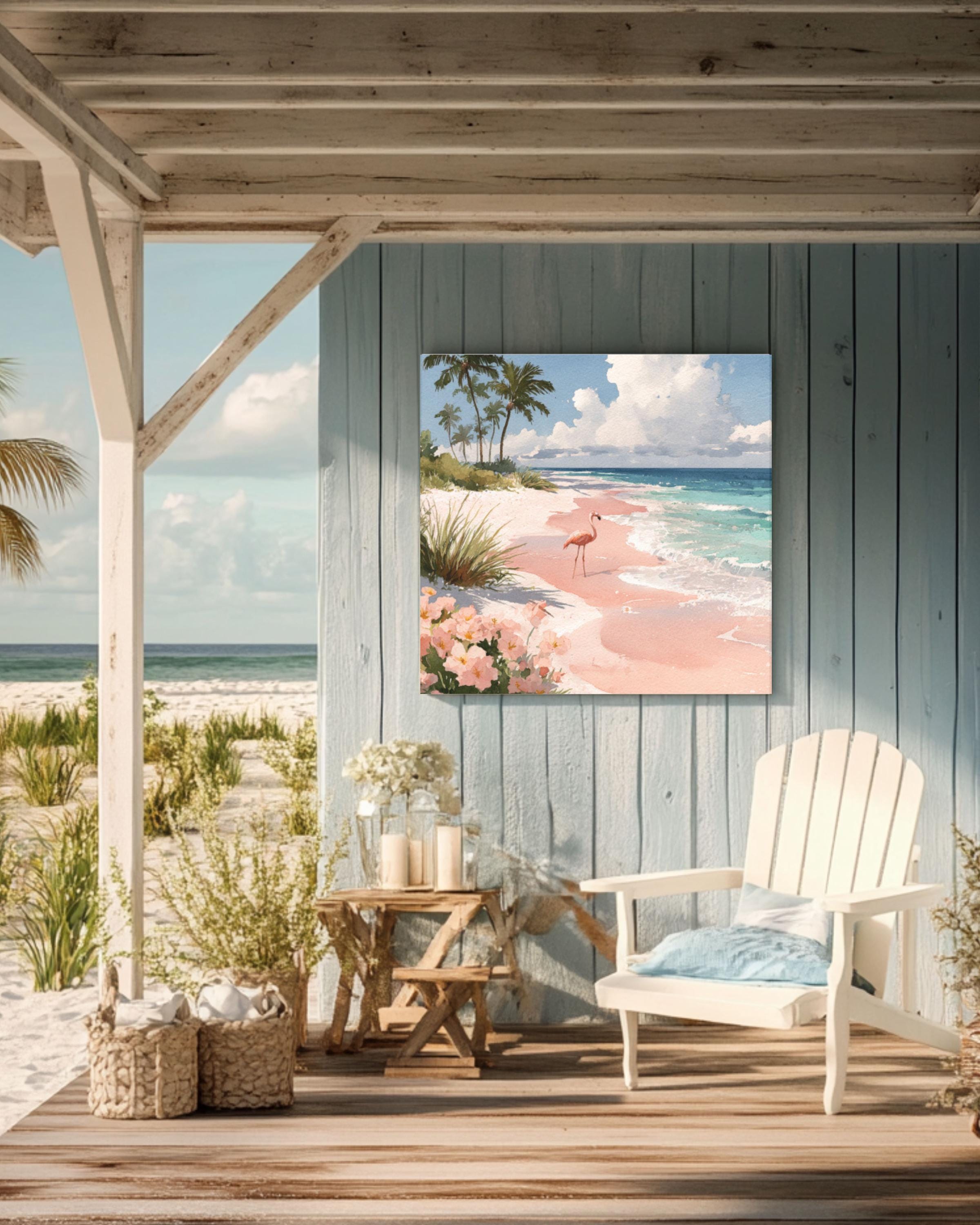 Flamingo Beach Watercolor Canvas Wall Art – Tropical Coastal Décor