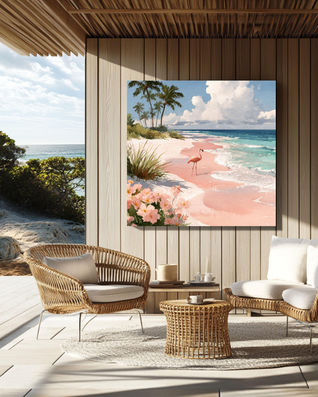 Flamingo Beach Watercolor Canvas Wall Art – Tropical Coastal Décor