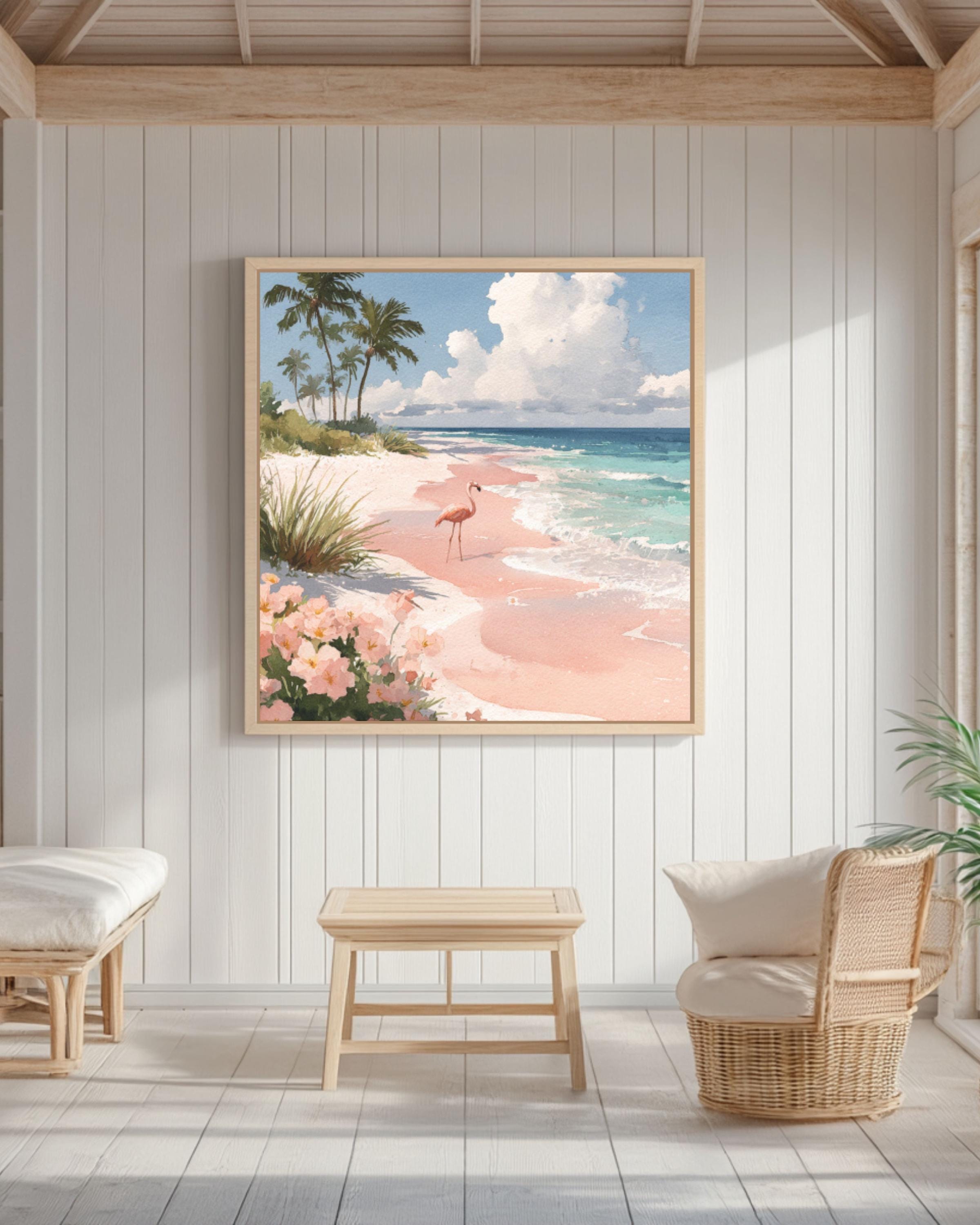 Flamingo Beach Watercolor Canvas Wall Art – Tropical Coastal Décor