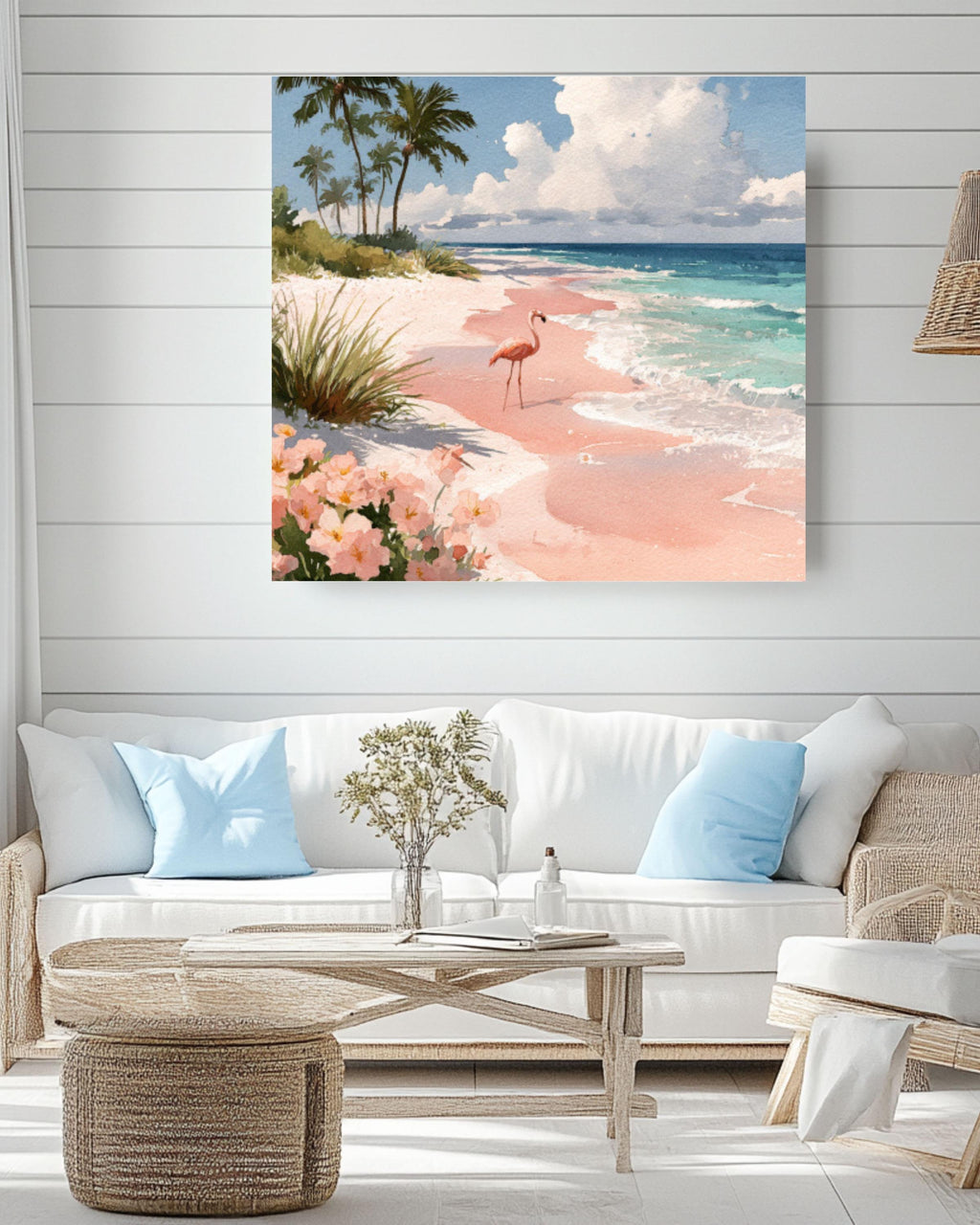 Flamingo Beach Watercolor Canvas Wall Art – Tropical Coastal Décor
