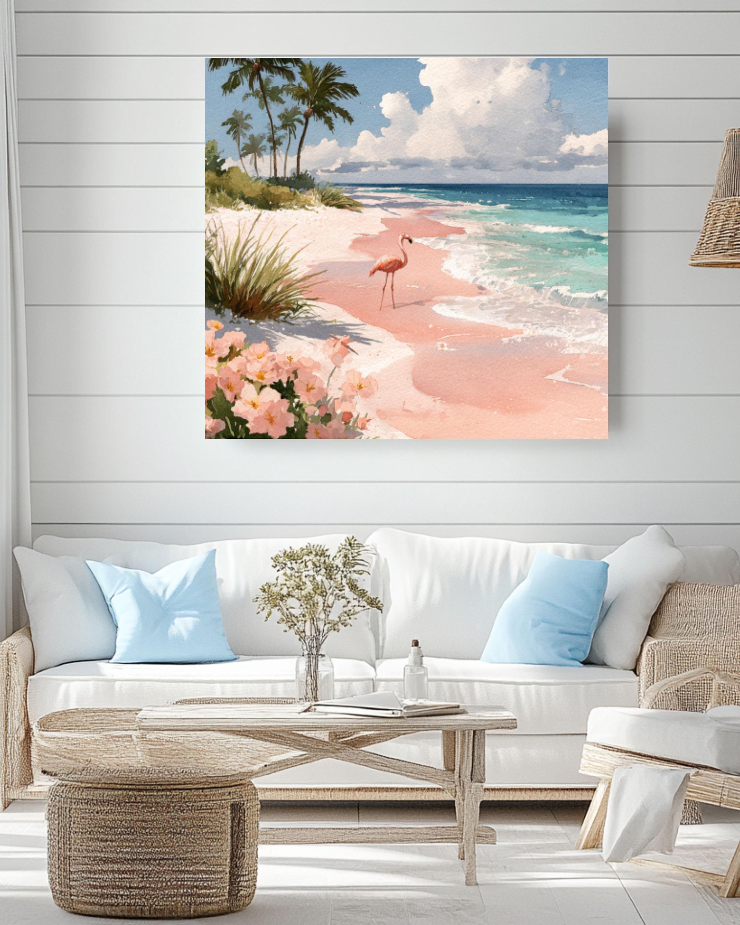 Flamingo Beach Watercolor Canvas Wall Art – Tropical Coastal Décor