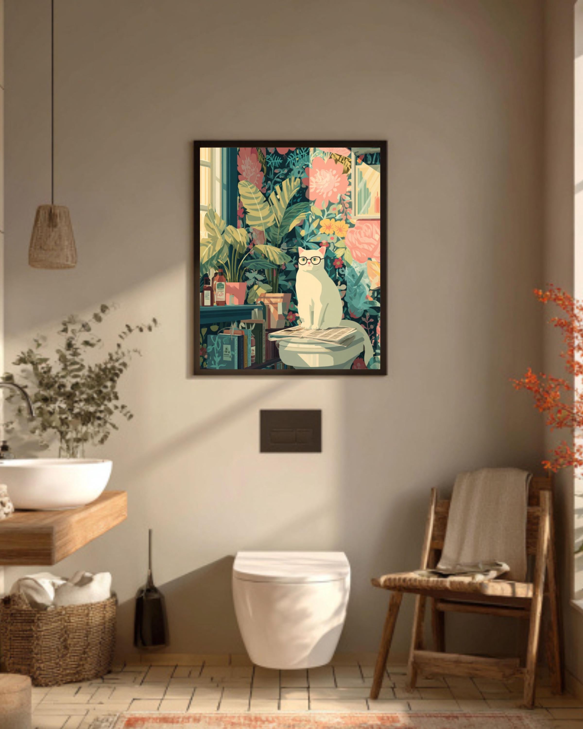 Funny Cat Wall Art – Colorful Matisse Style Bathroom Decor