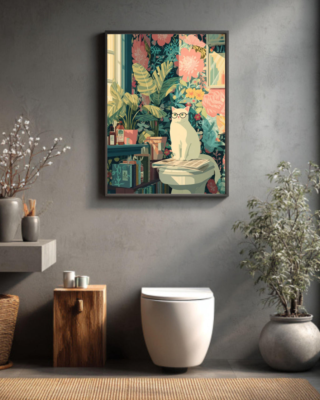 Funny Cat Wall Art – Colorful Matisse Style Bathroom Decor