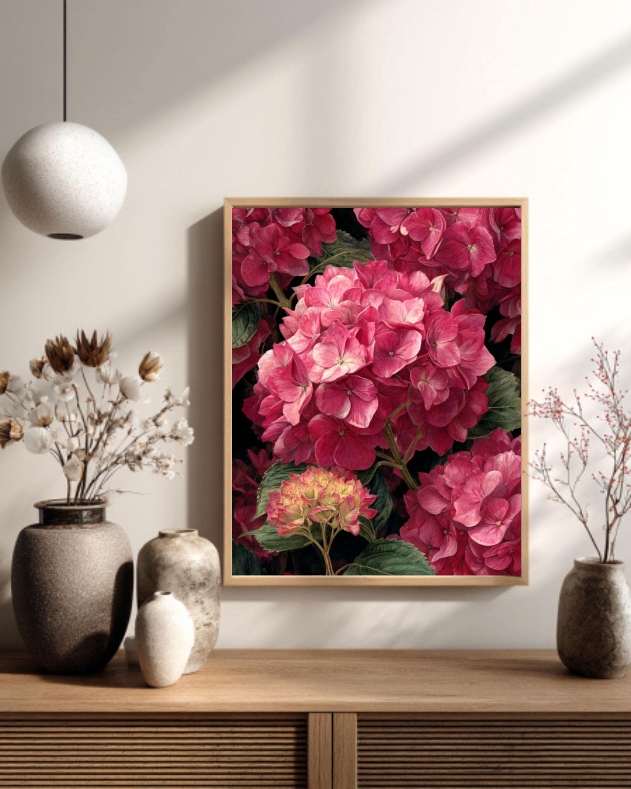 Pink Hydrangea Botanical Wall Art – Watercolor Floral Canvas Print