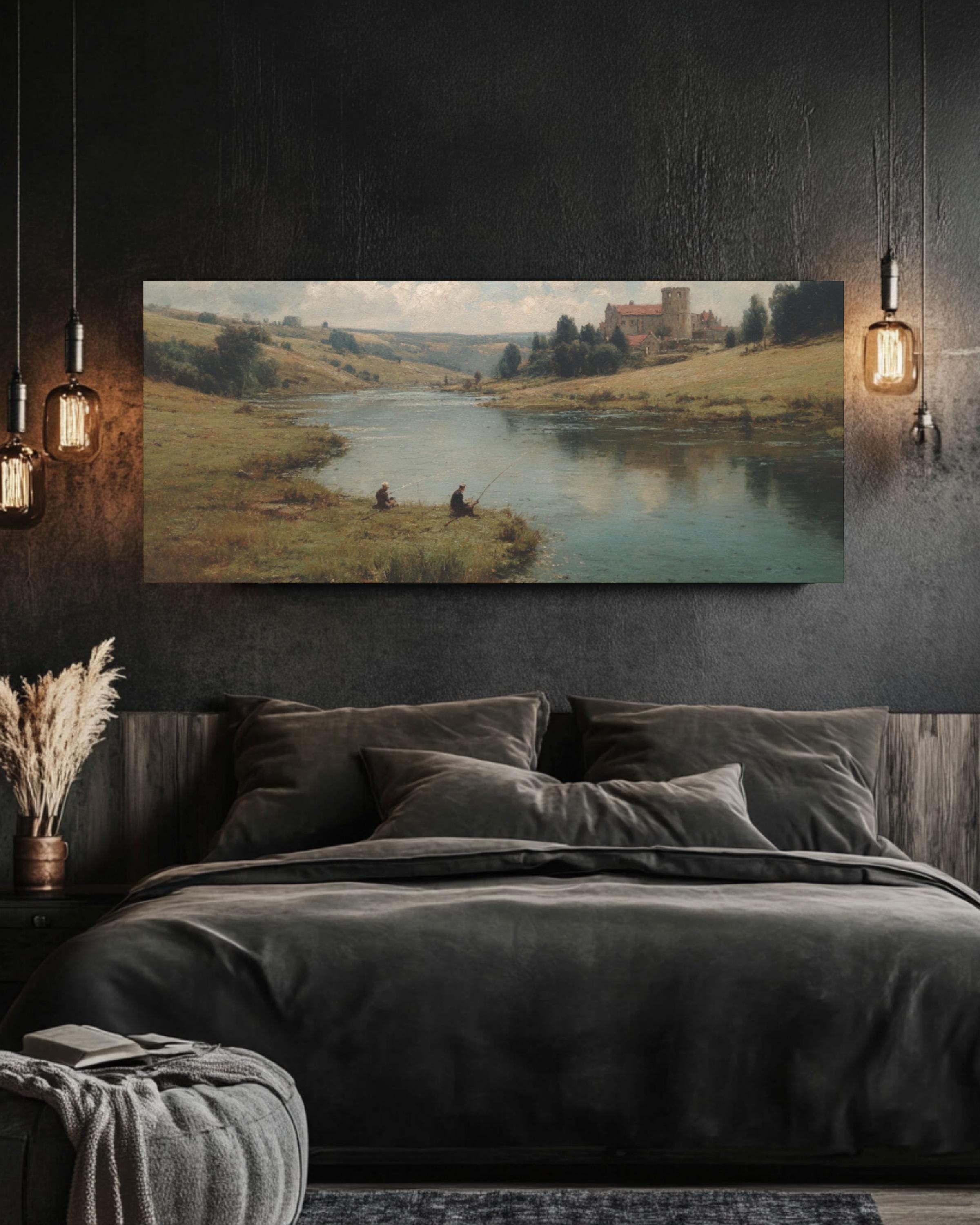 English Lake Landscape Wall Art – Vintage Fishing Scene Canvas