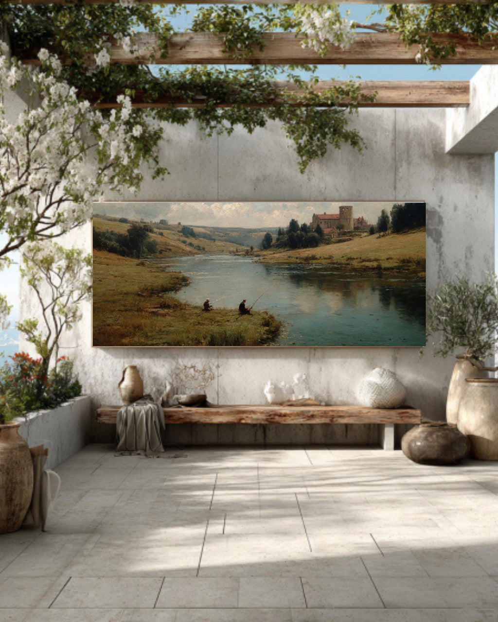 English Lake Landscape Wall Art – Vintage Fishing Scene Canvas