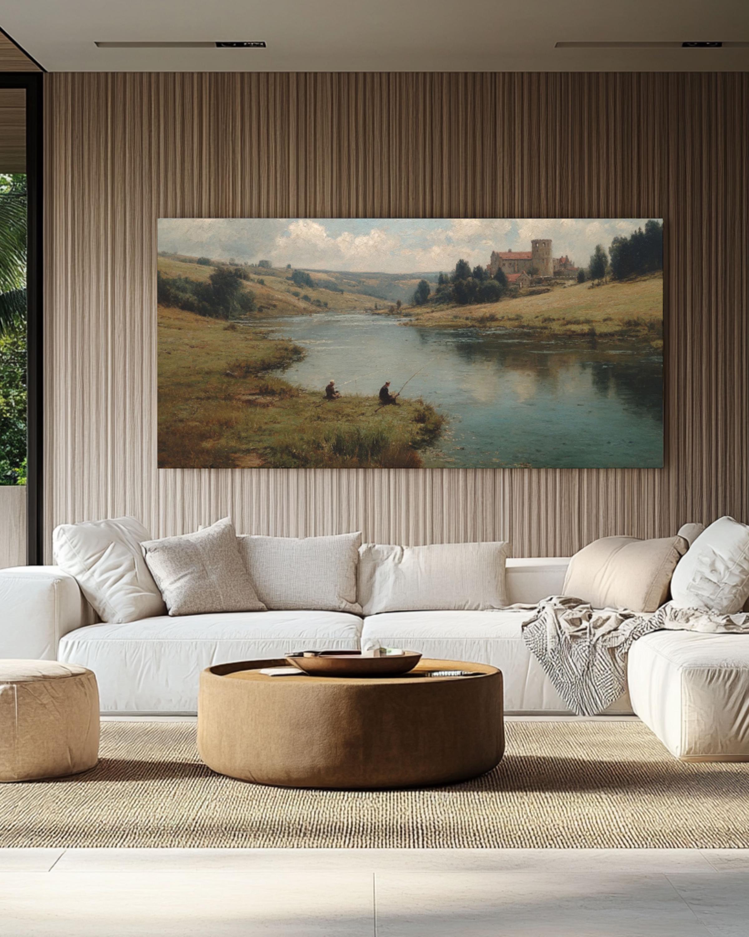 English Lake Landscape Wall Art – Vintage Fishing Scene Canvas