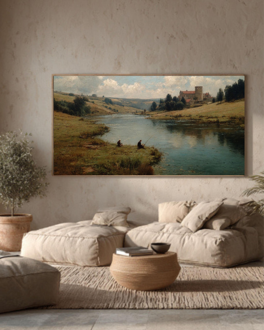 English Lake Landscape Wall Art – Vintage Fishing Scene Canvas