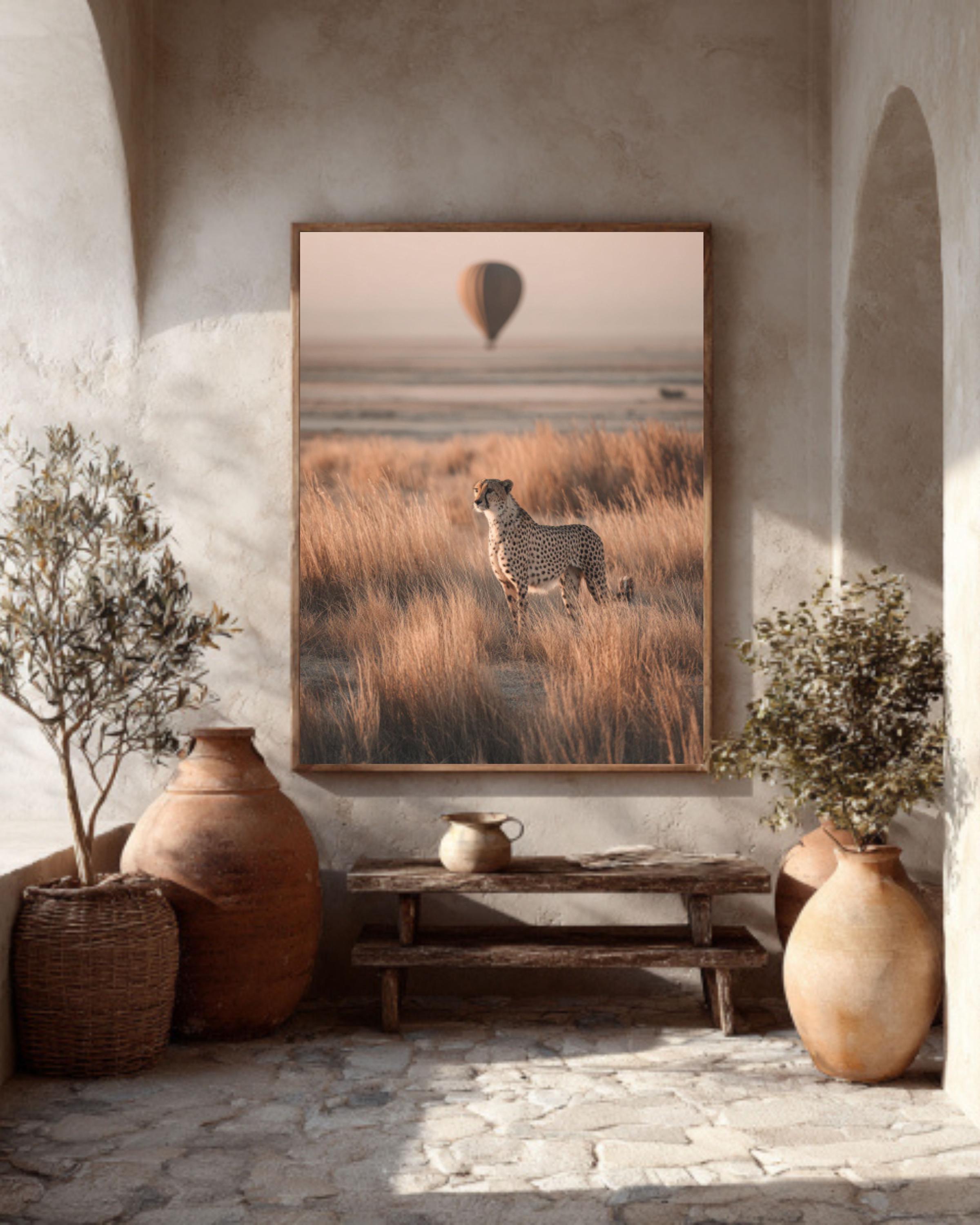 Cheetah and Hot Air Balloon Wall Art – Beige Safari Landscape Canvas