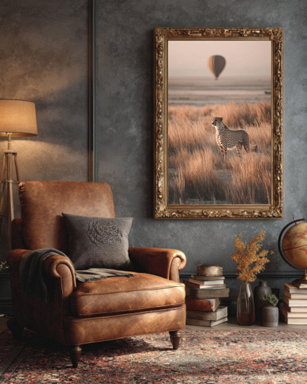 Cheetah and Hot Air Balloon Wall Art – Beige Safari Landscape Canvas