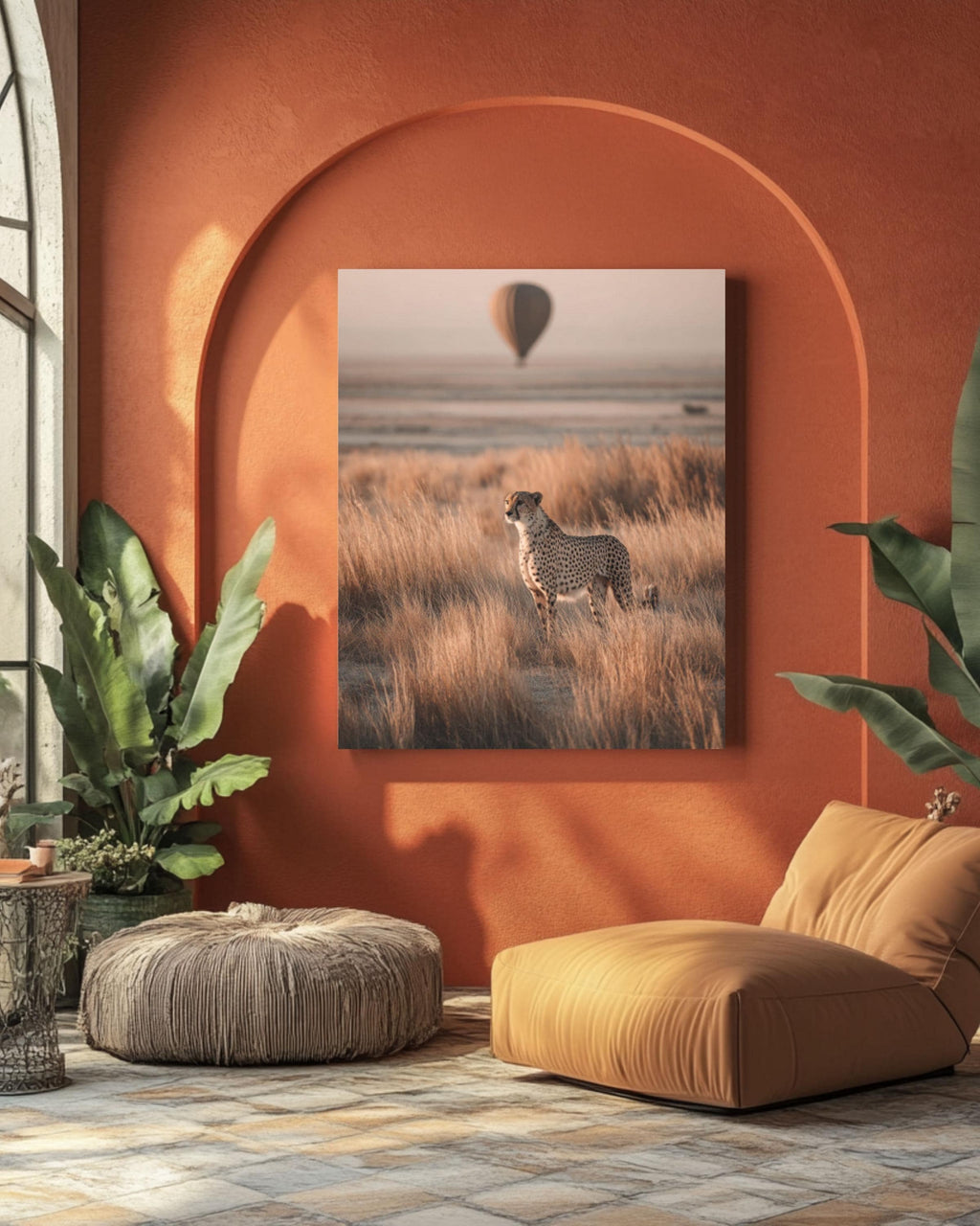 Cheetah and Hot Air Balloon Wall Art – Beige Safari Landscape Canvas