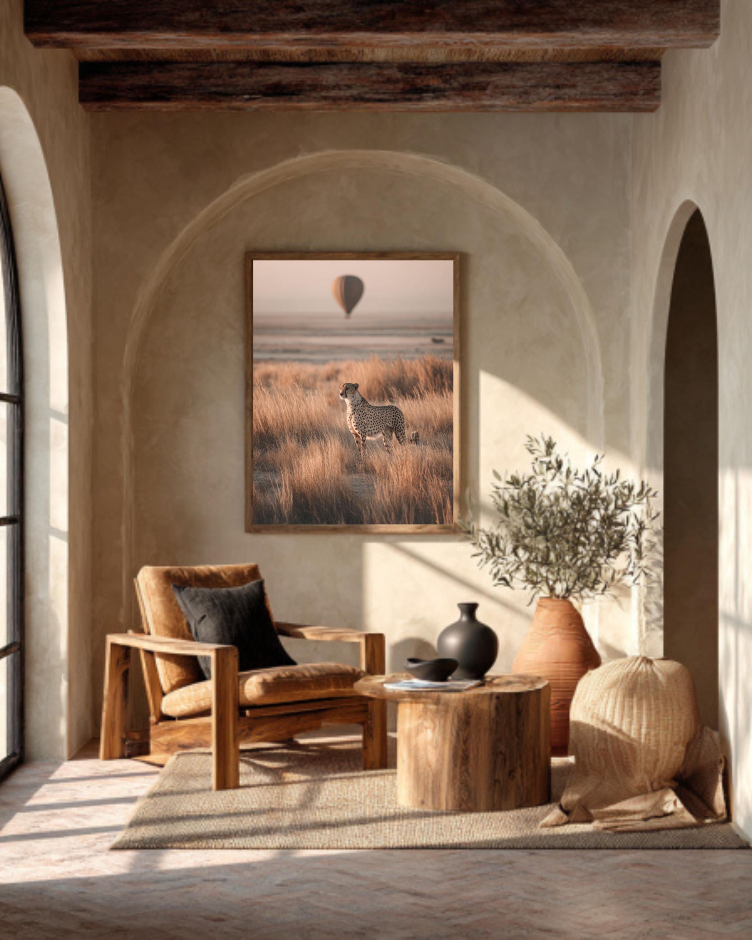 Cheetah and Hot Air Balloon Wall Art – Beige Safari Landscape Canvas