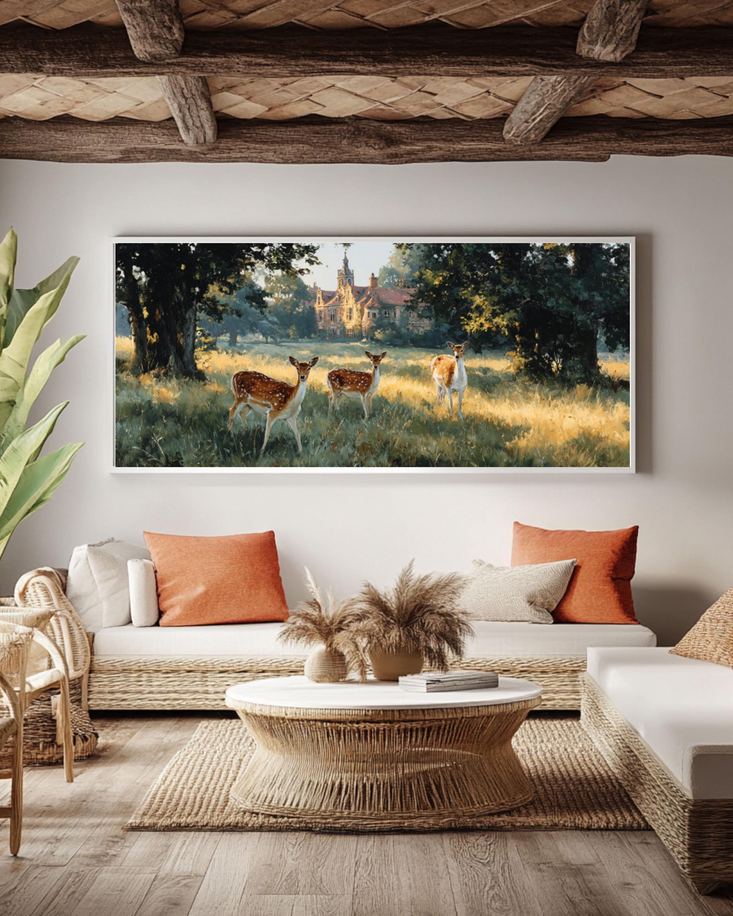 English Countryside Deer Canvas Wall Art – Manor-Inspired Oil Painting Decor