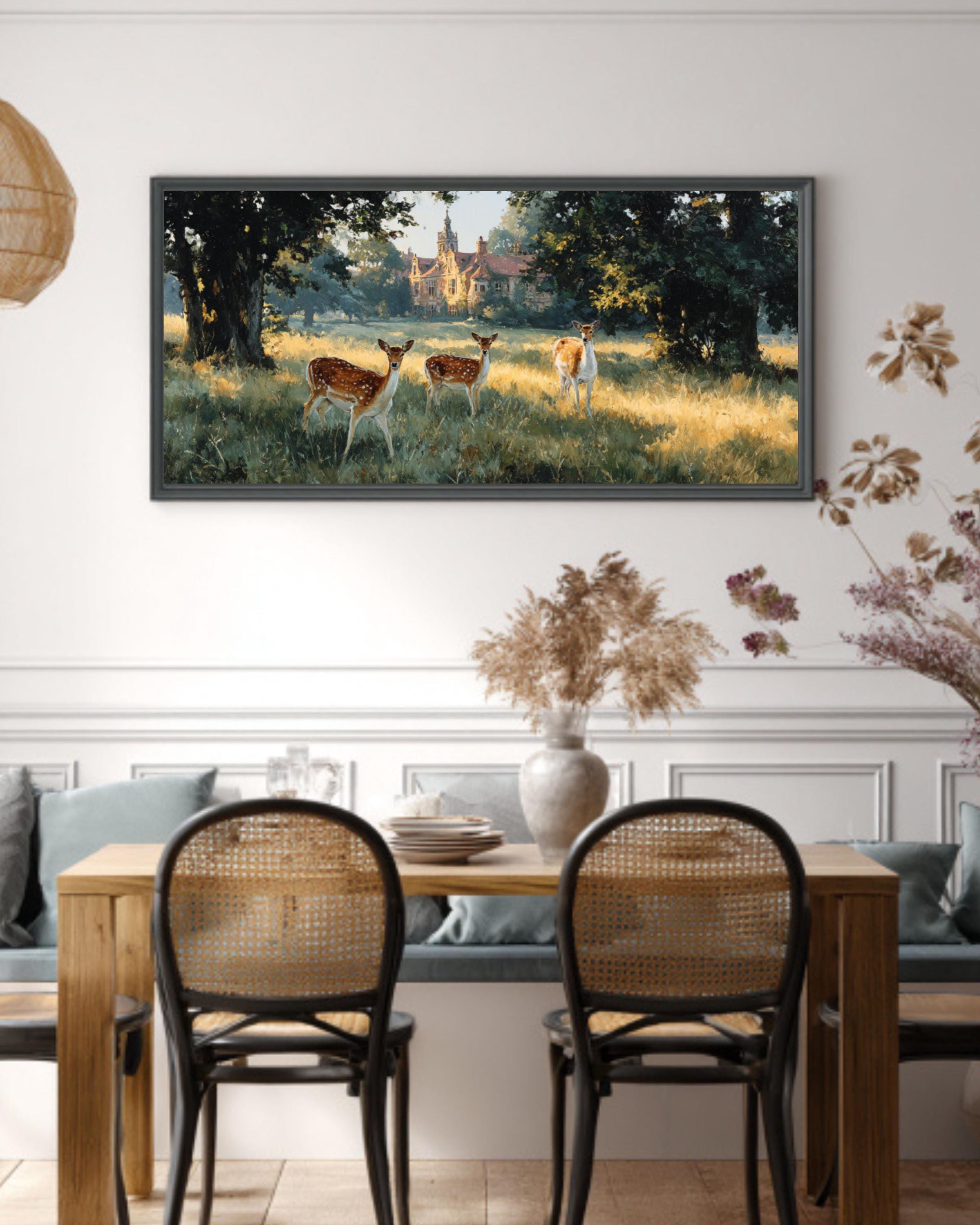 English Countryside Deer Canvas Wall Art – Manor-Inspired Oil Painting Decor