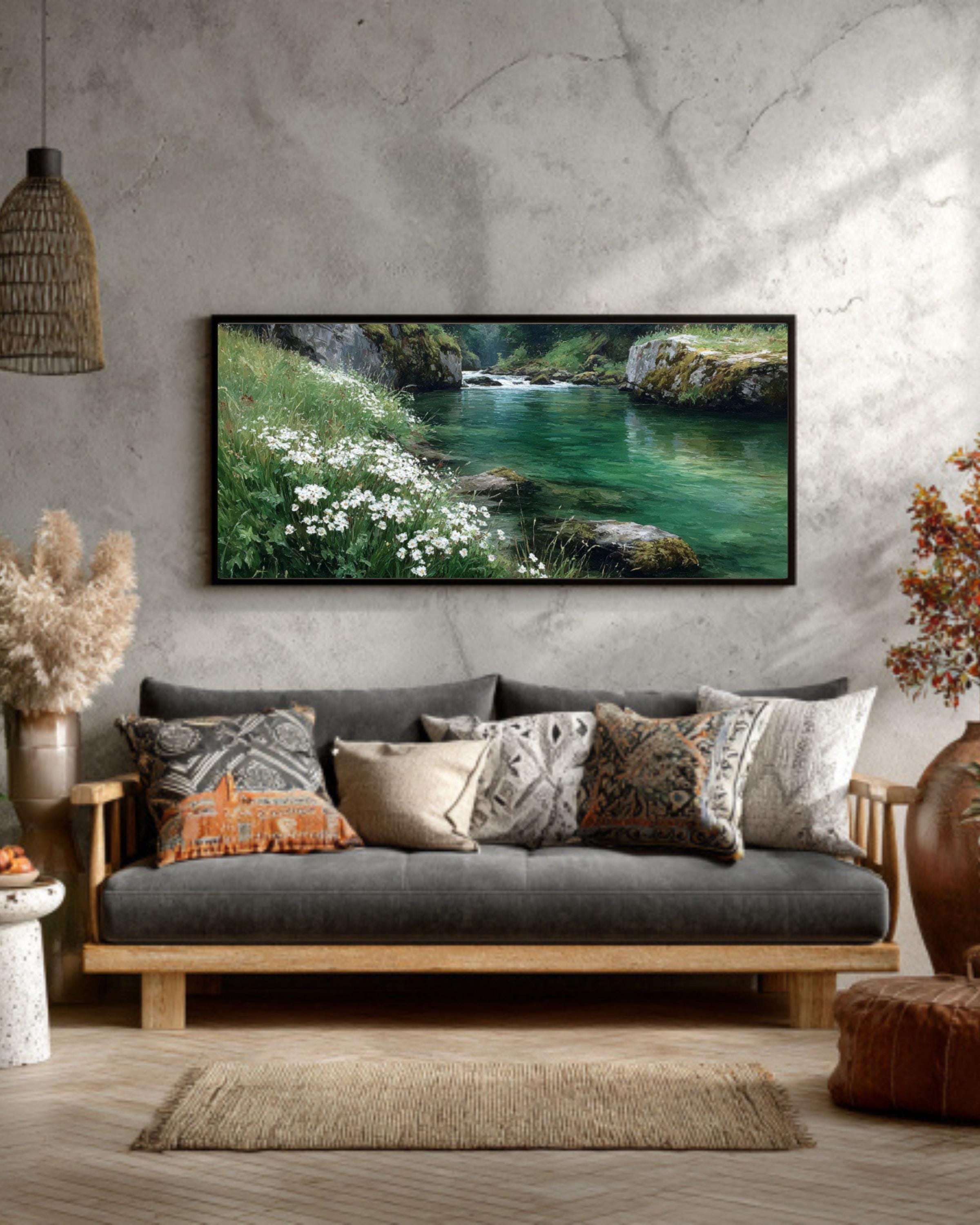 Riverbank Oil Painting â€“ White Flowers, Greenery Landscape Canvas Art Canvas Wall Art Print – Premium Home Decor