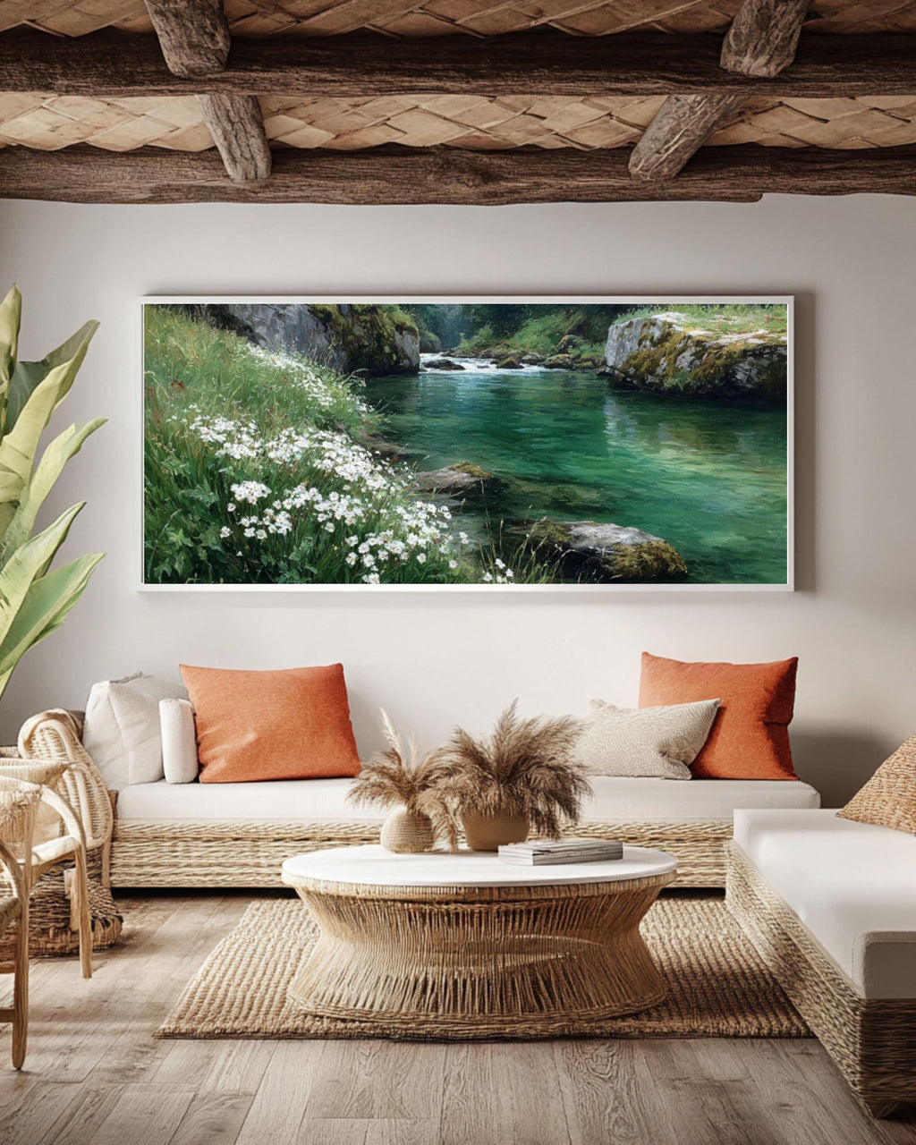 Riverbank Oil Painting â€“ White Flowers, Greenery Landscape Canvas Art Canvas Wall Art Print – Premium Home Decor