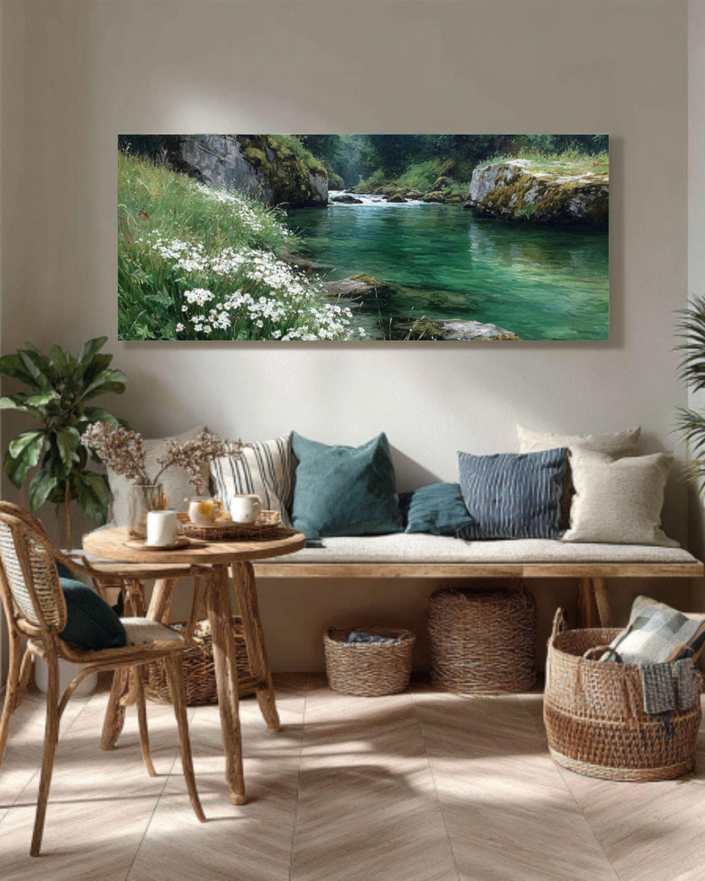 Riverbank Oil Painting â€“ White Flowers, Greenery Landscape Canvas Art Canvas Wall Art Print – Premium Home Decor