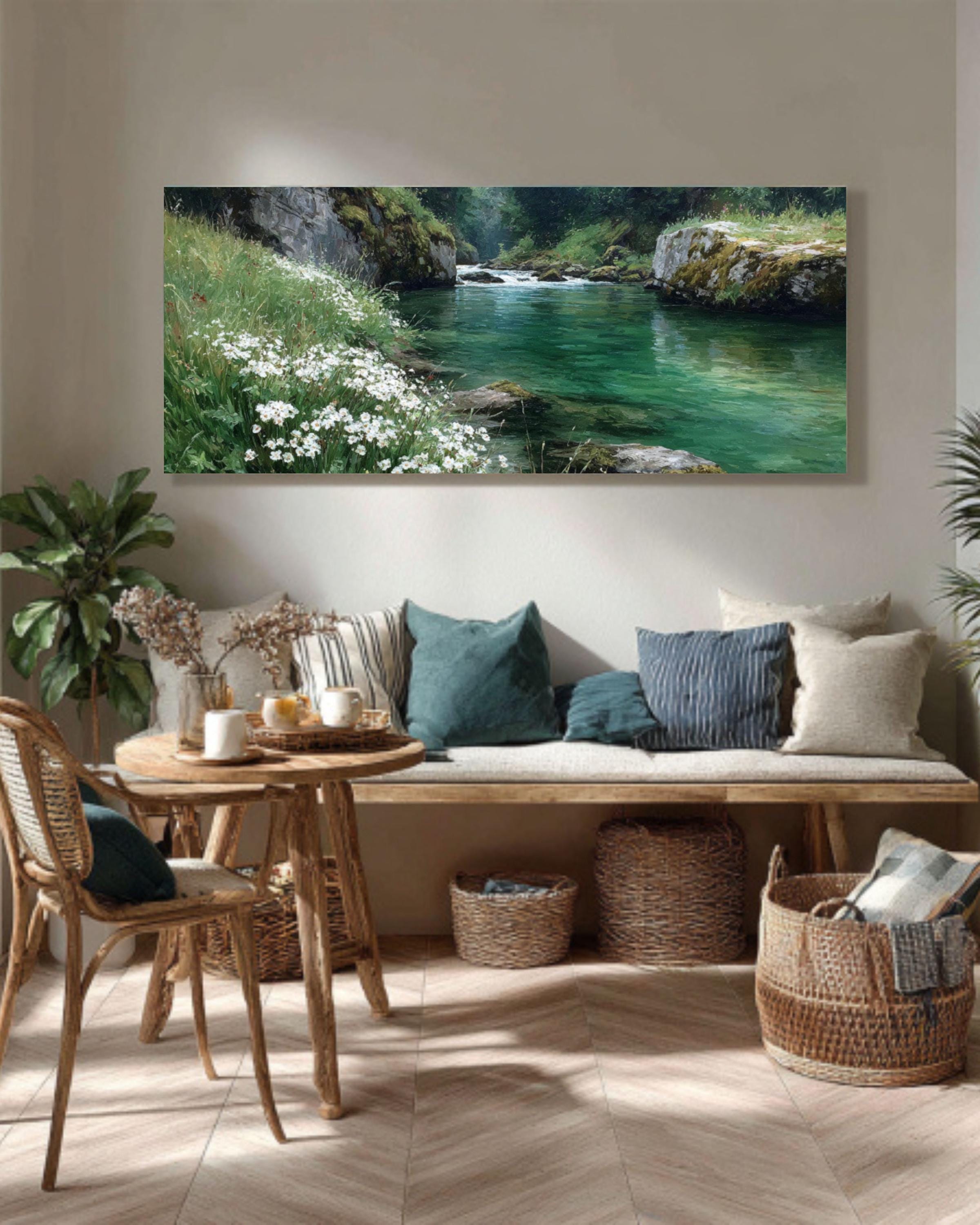 Riverbank Oil Painting â€“ White Flowers, Greenery Landscape Canvas Art Canvas Wall Art Print – Premium Home Decor