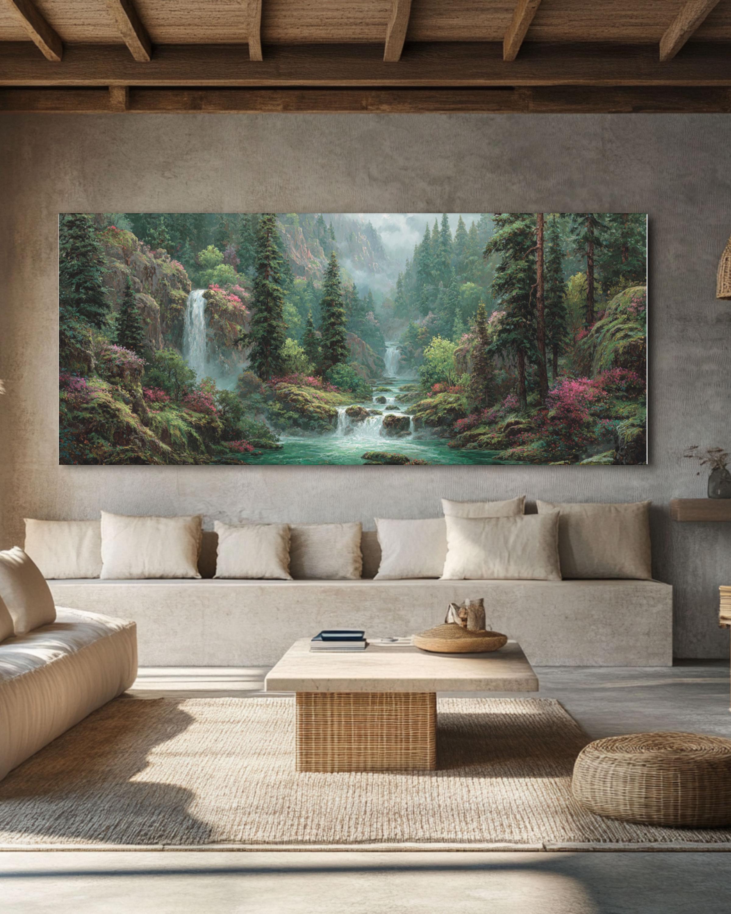 Fantasy Forest Waterfall Art – Surreal Landscape Wall Decor