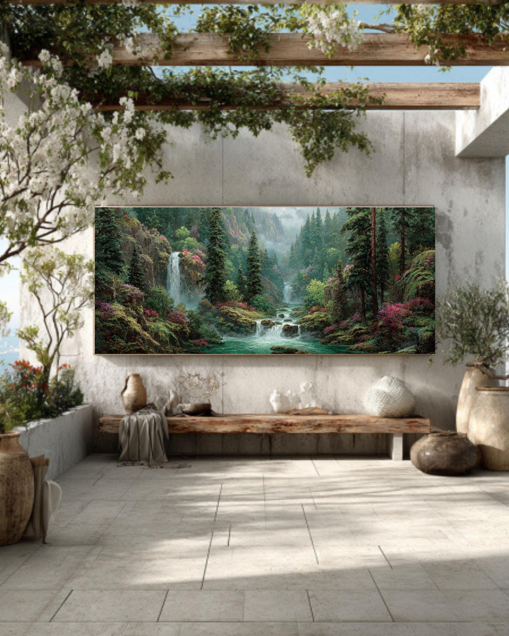 Fantasy Forest Waterfall Art – Surreal Landscape Wall Decor