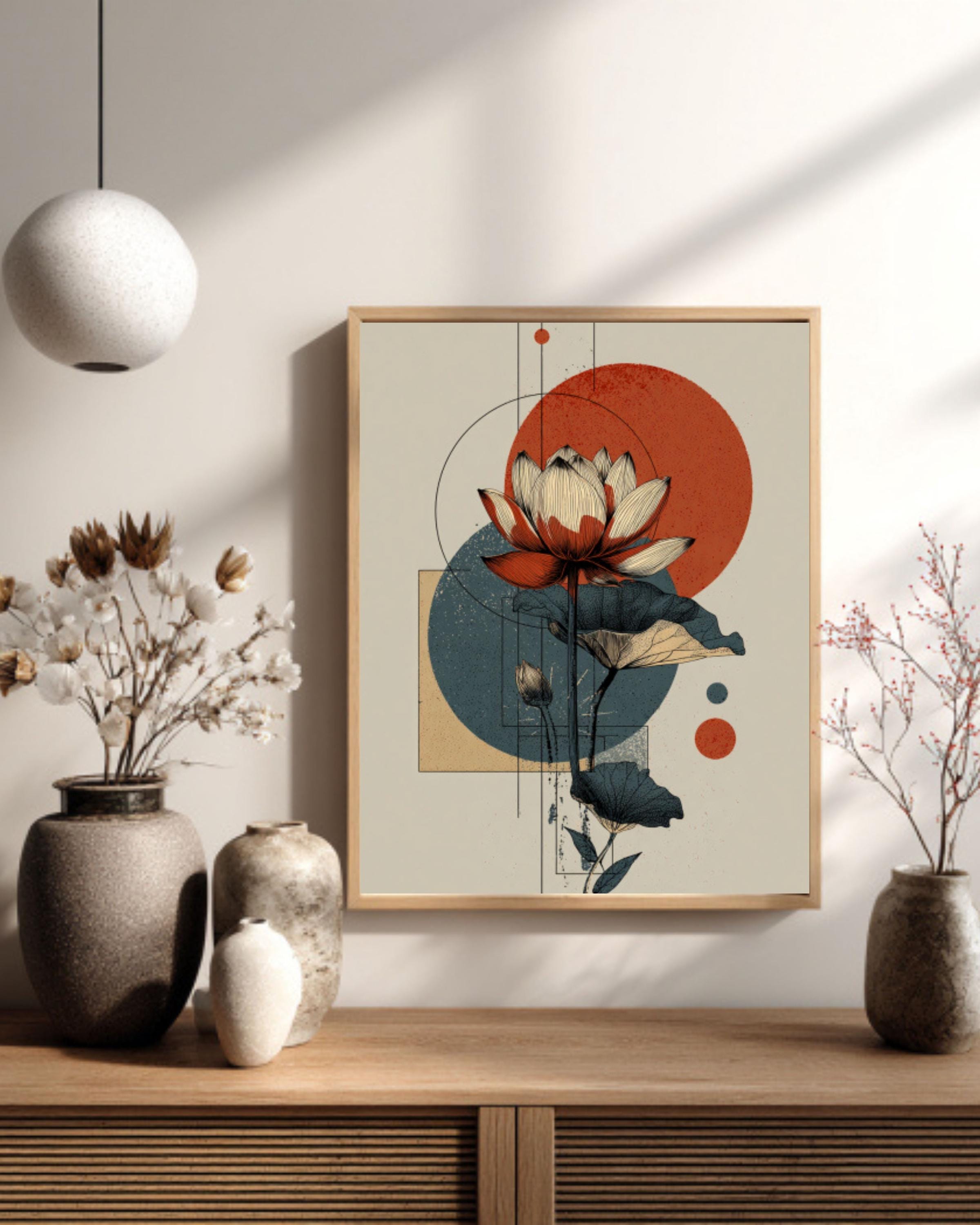 Lotus Sun Moon Print â€“ Abstract Boho Terracotta Wall Art Canvas Wall Art Print – Premium Home Decor