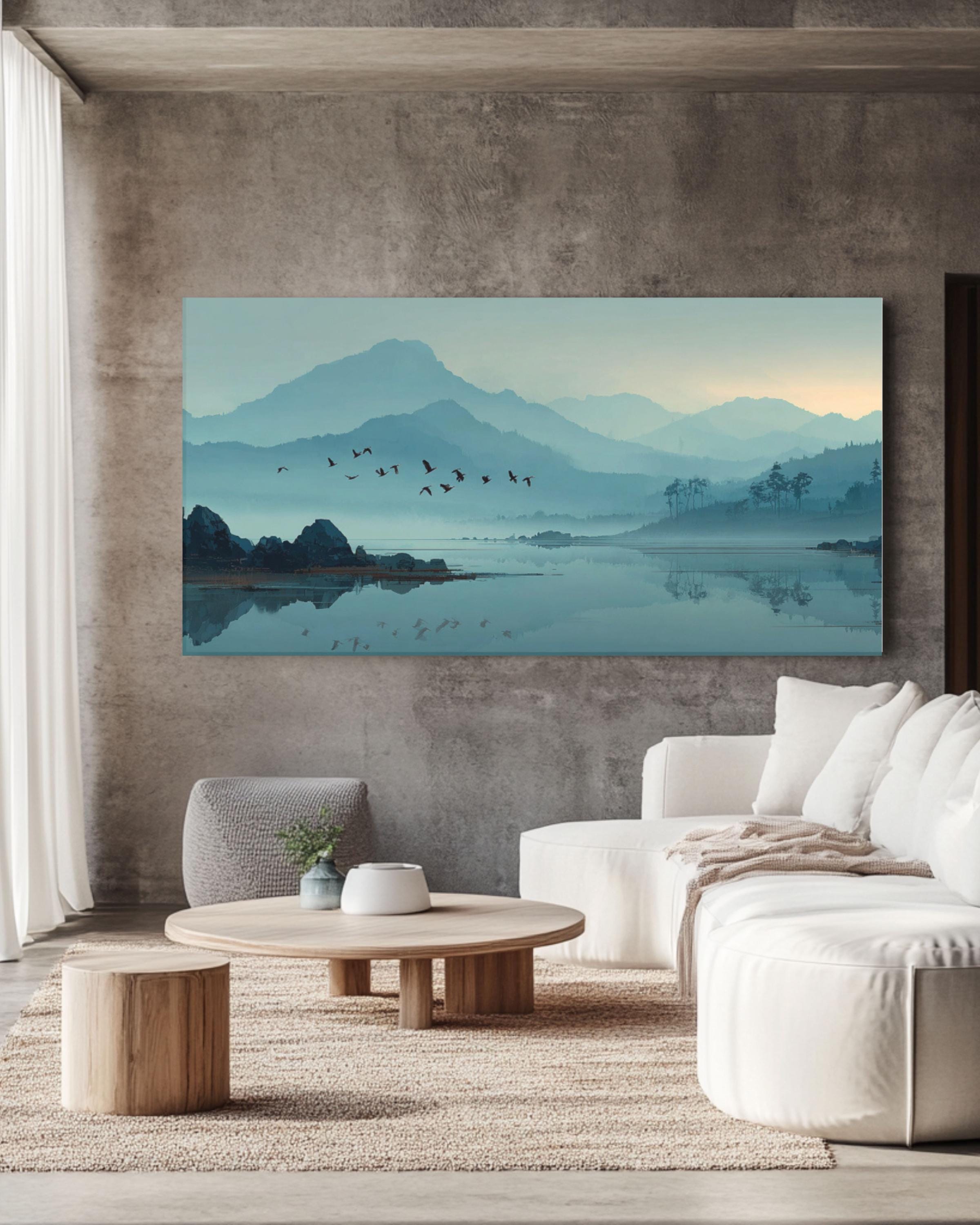 Minimalist Lake and Birds Art â€“ Zen Foggy Mountain Canvas Print Canvas Wall Art Print – Premium Home Decor
