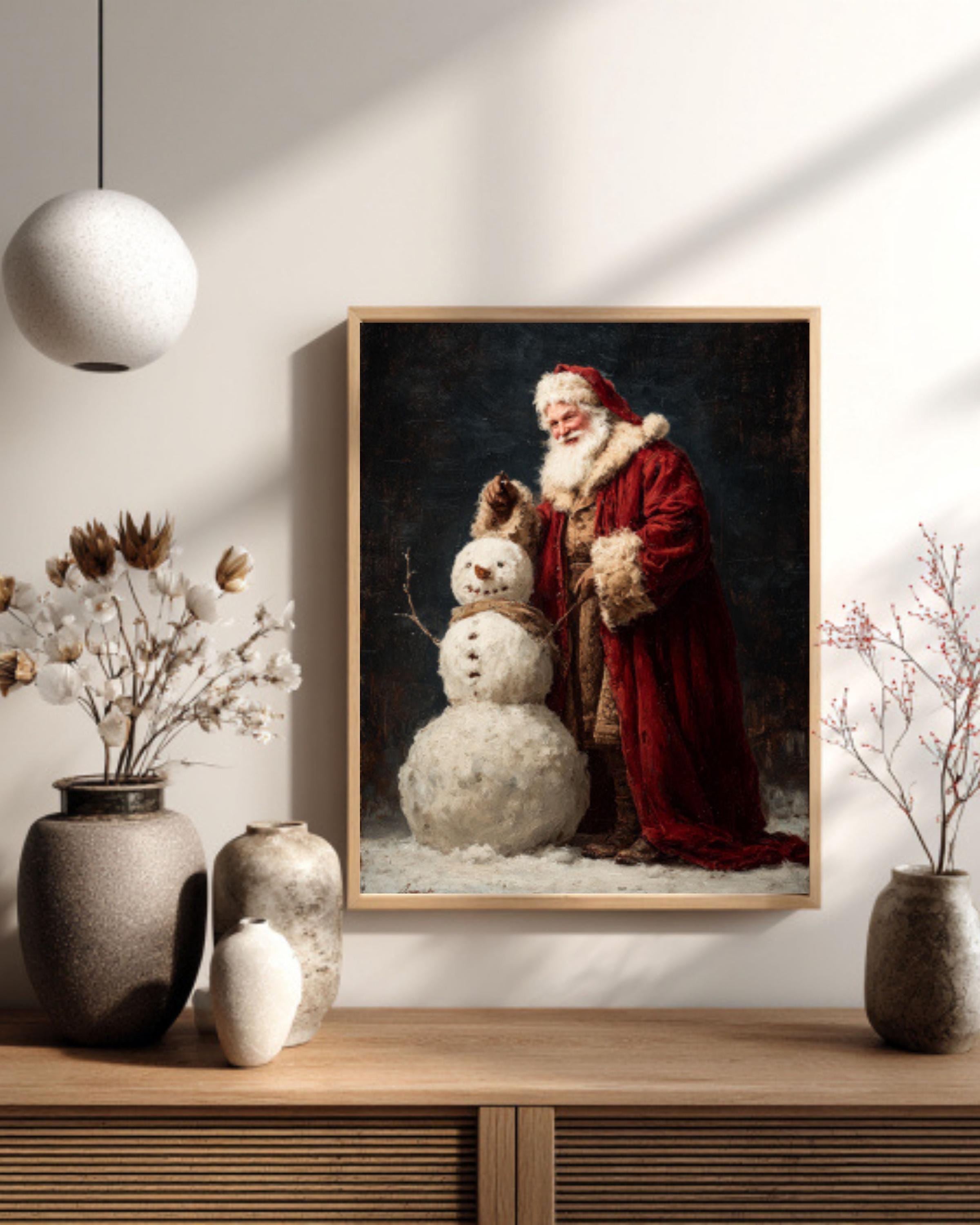 Vintage Santa Snowman Painting - Dark Academia Christmas Canvas or Framed Print Canvas Wall Art Print – Premium Home Decor