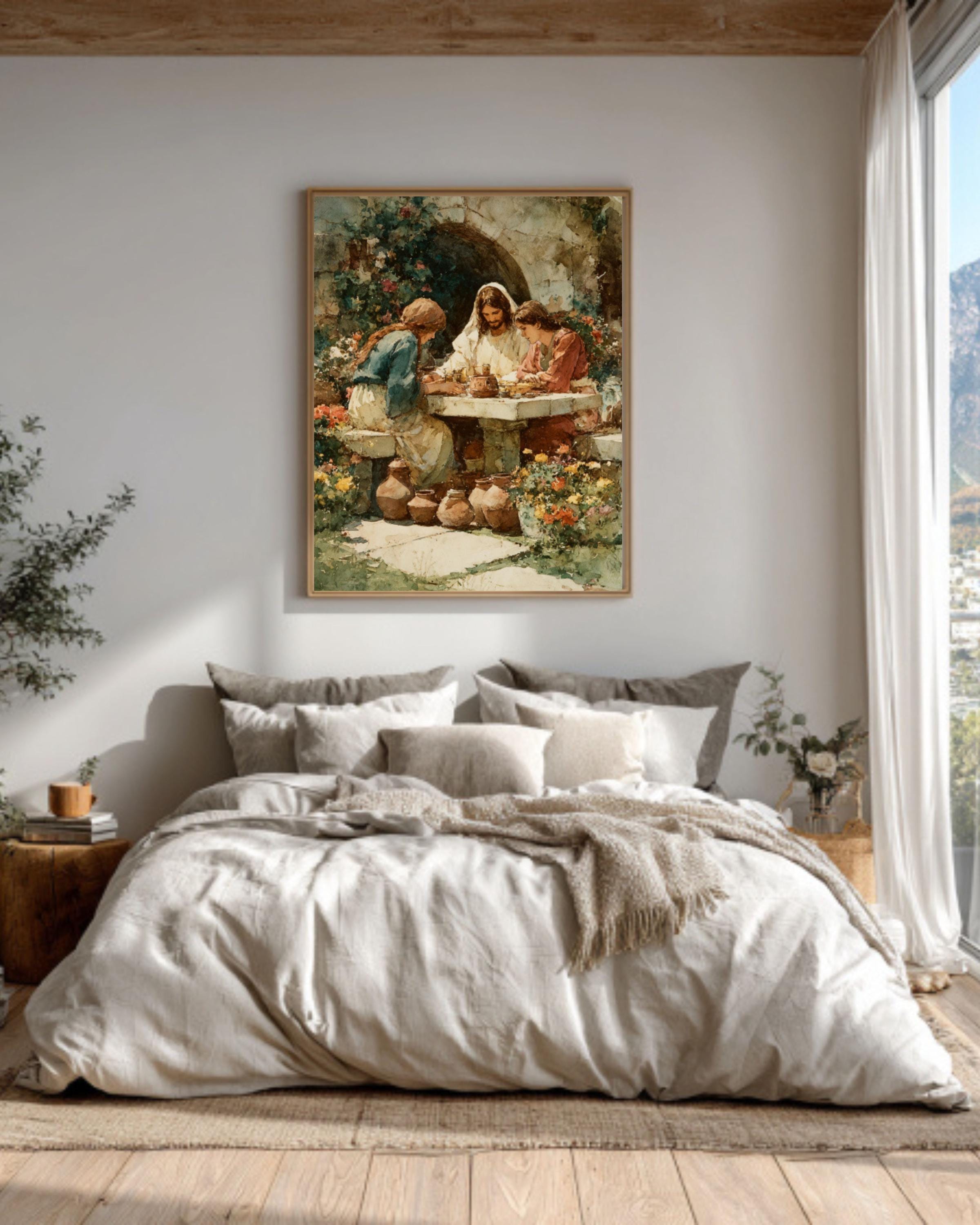 Jesus Praying in Garden Watercolor Canvas Wall Art – Christian Art Print