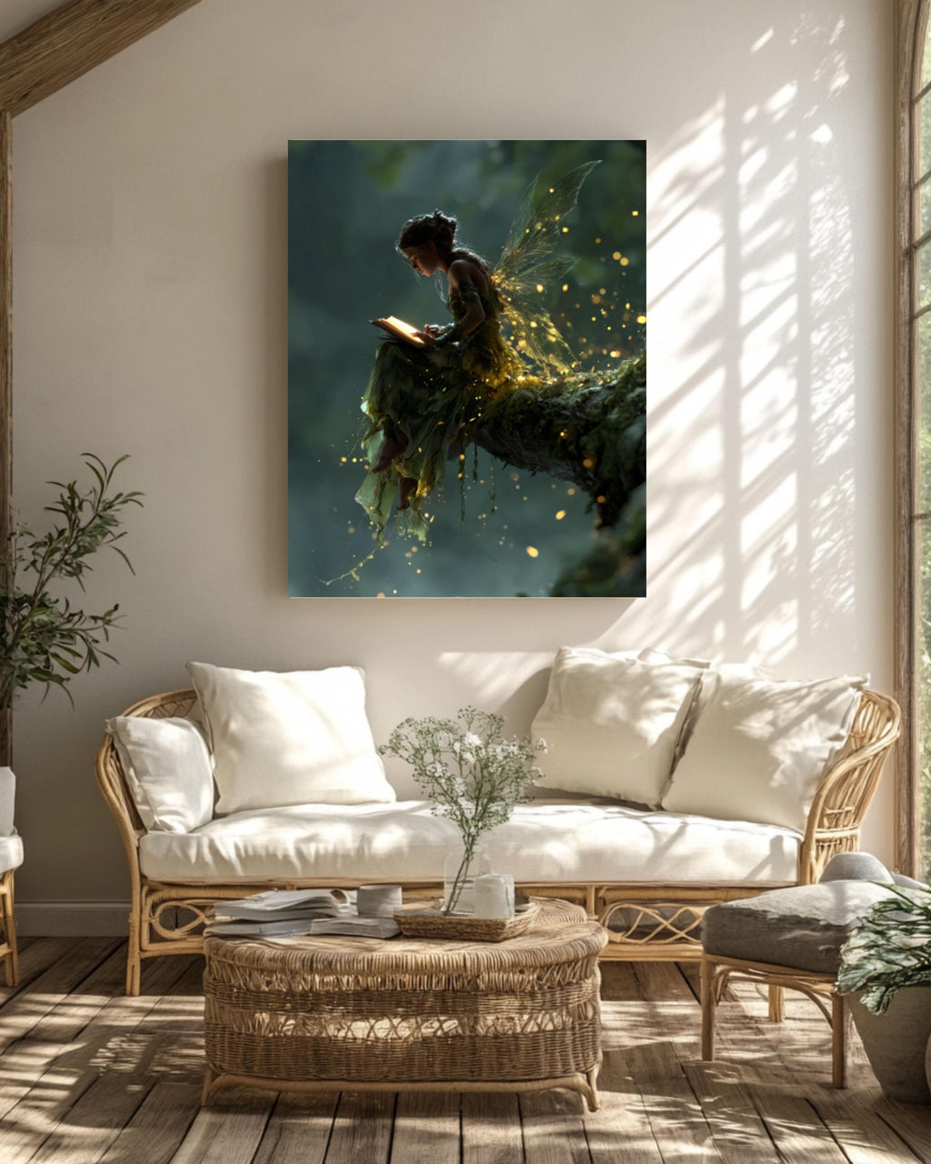 Fairy Reading in Forest Canvas Wall Art – Magical Fantasy Illustration