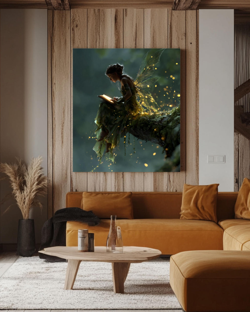 Fairy Reading in Forest Canvas Wall Art – Magical Fantasy Illustration