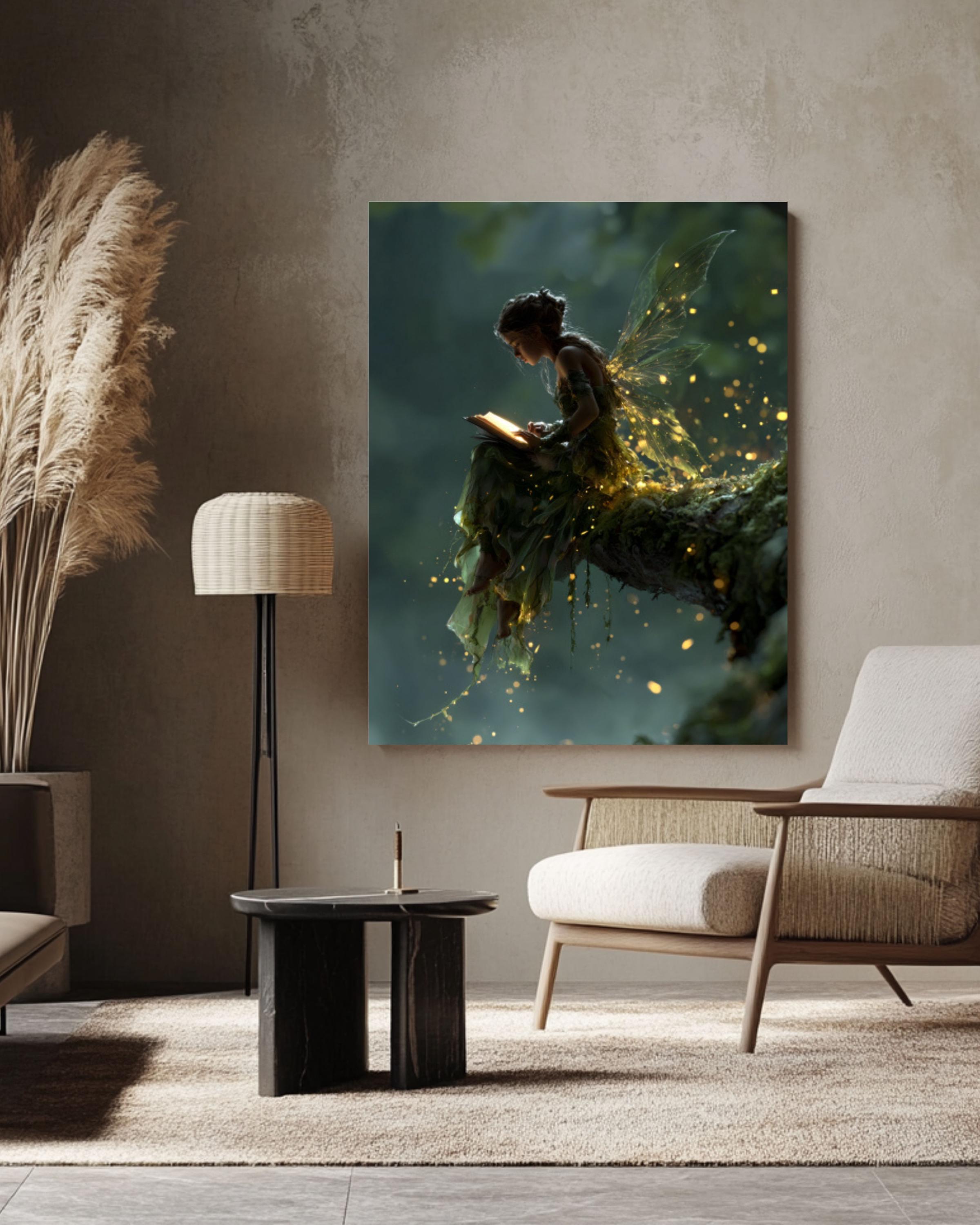 Fairy Reading in Forest Canvas Wall Art – Magical Fantasy Illustration