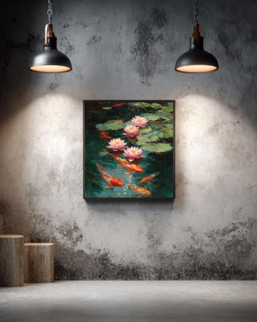 Koi Fish and Lotus Flowers Impressionist Canvas Wall Art – Asian Décor