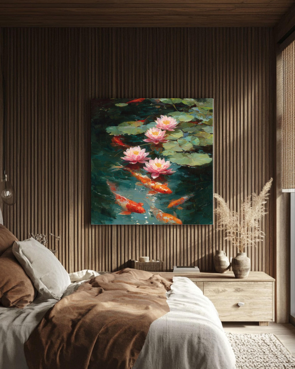 Koi Fish and Lotus Flowers Impressionist Canvas Wall Art – Asian Décor