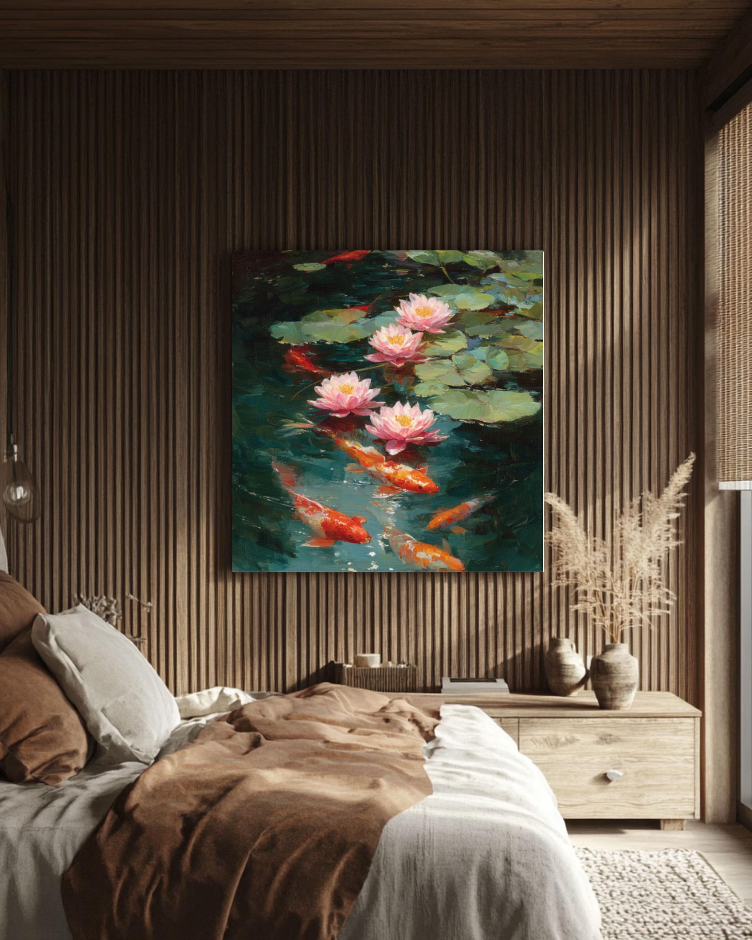 Koi Fish and Lotus Flowers Impressionist Canvas Wall Art – Asian Décor