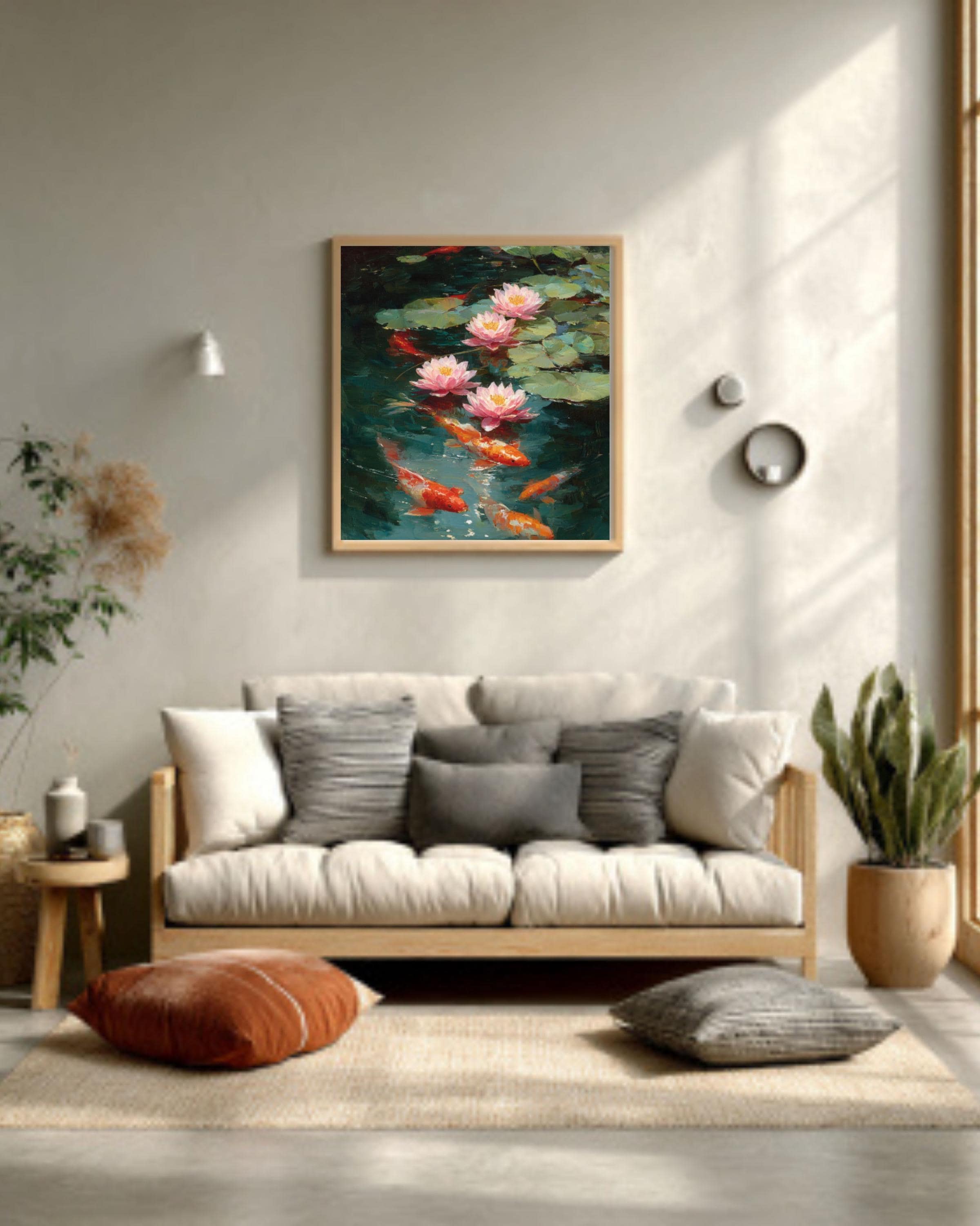 Koi Fish and Lotus Flowers Impressionist Canvas Wall Art – Asian Décor