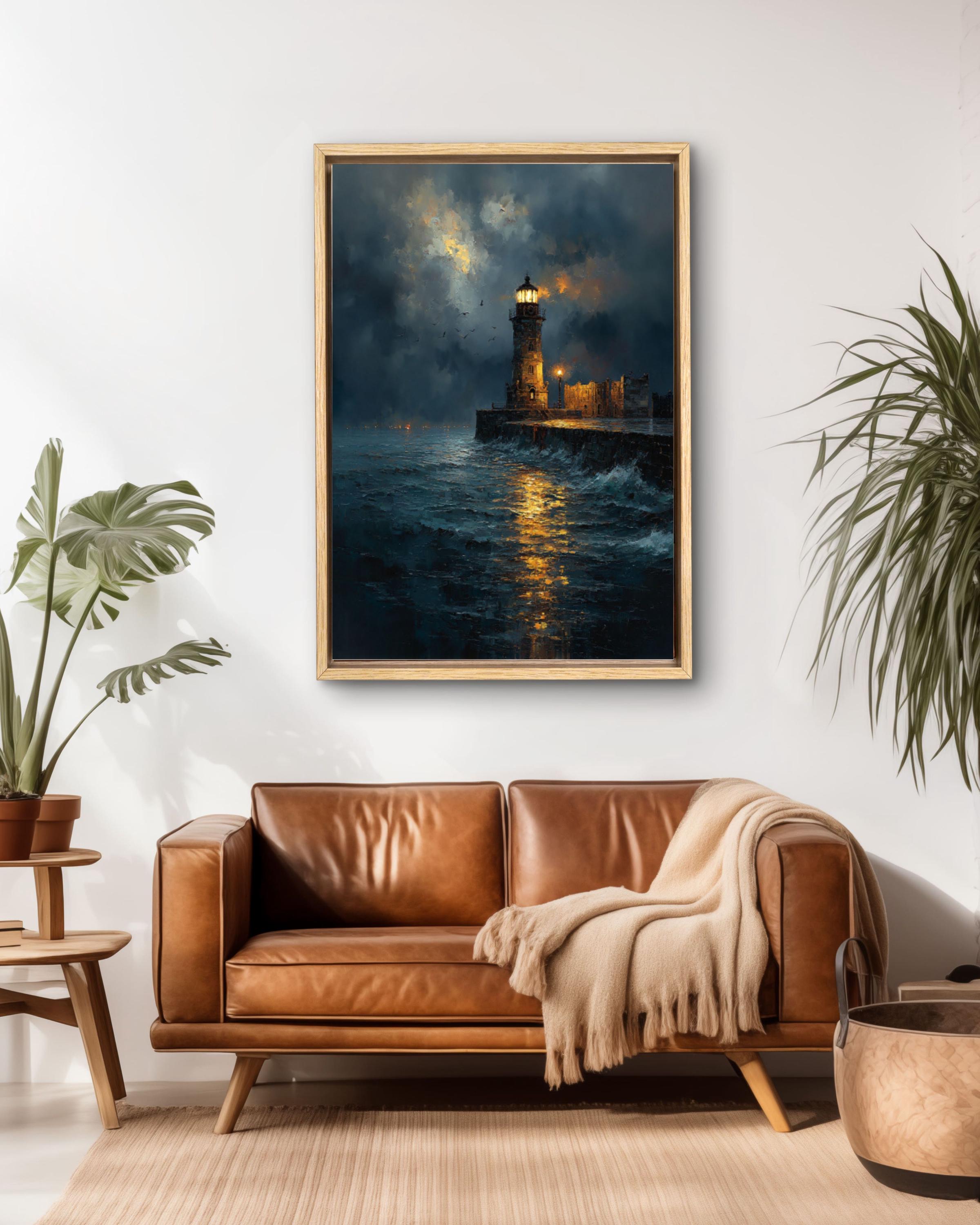Stormy Lighthouse Seascape Canvas Wall Art – Dramatic Ocean Painting