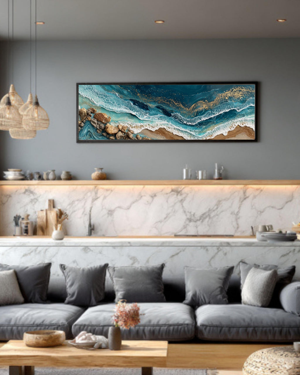 Abstract Ocean Wave Alcohol Ink Canvas Art – Gold Accent