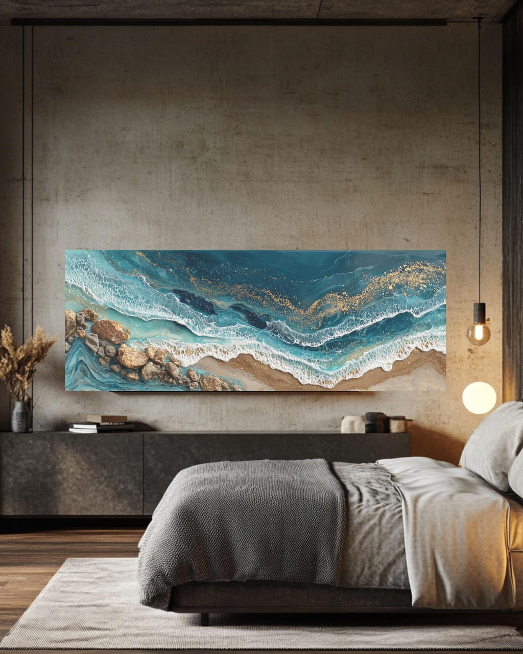 Abstract Ocean Wave Alcohol Ink Canvas Art – Gold Accent