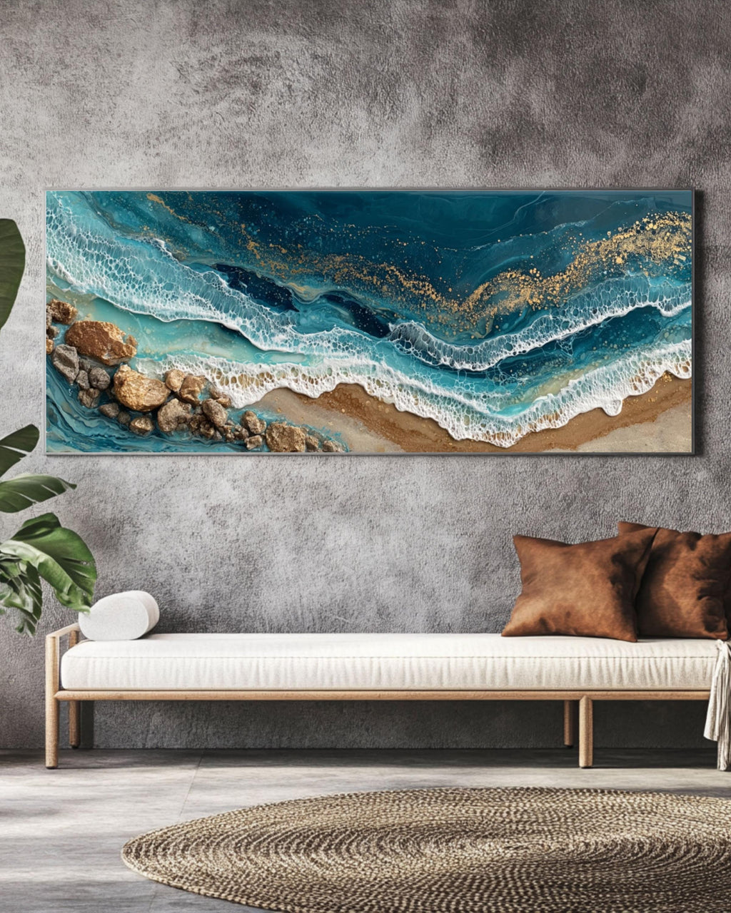 Abstract Ocean Wave Alcohol Ink Canvas Art – Gold Accent