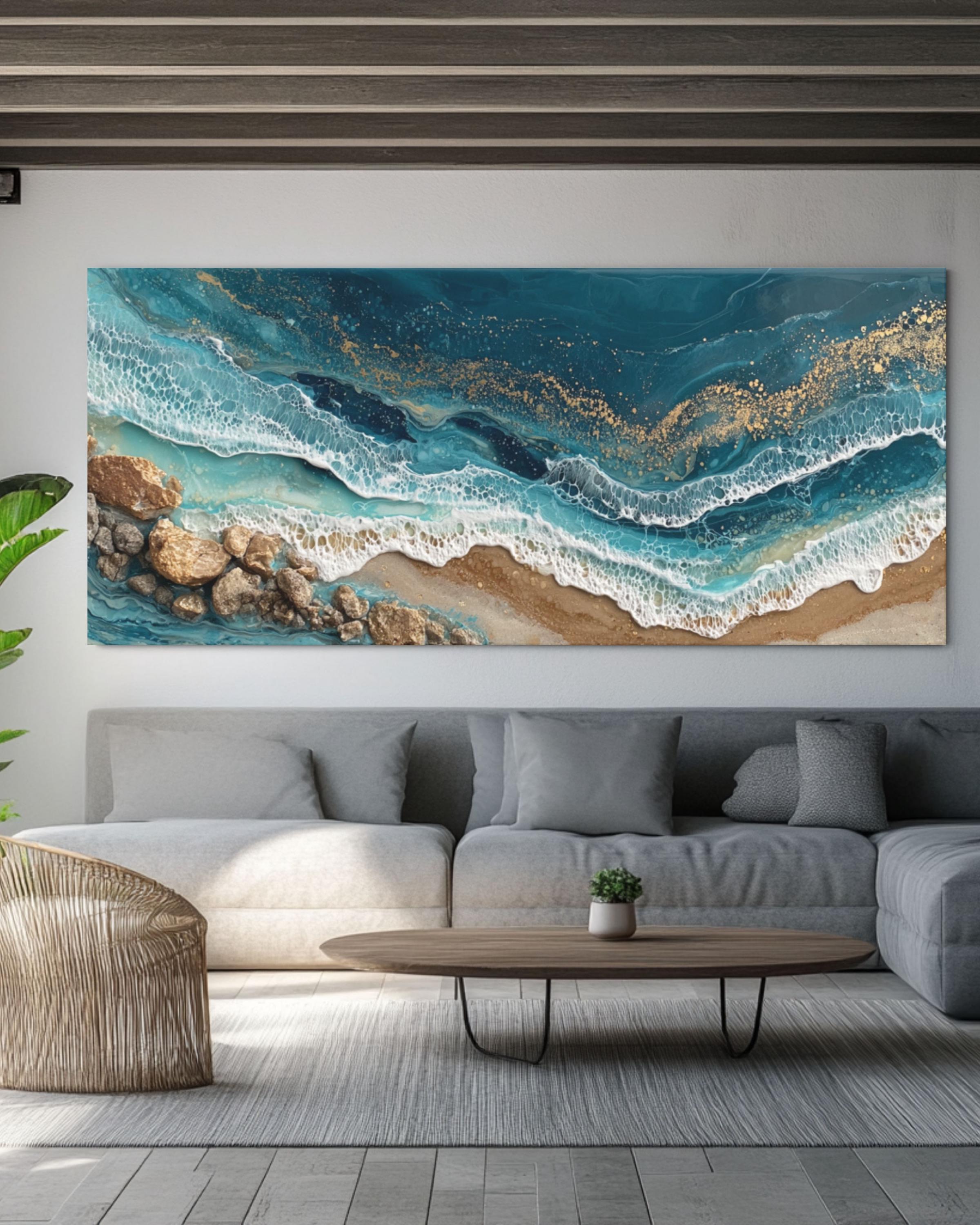 Abstract Ocean Wave Alcohol Ink Canvas Art – Gold Accent