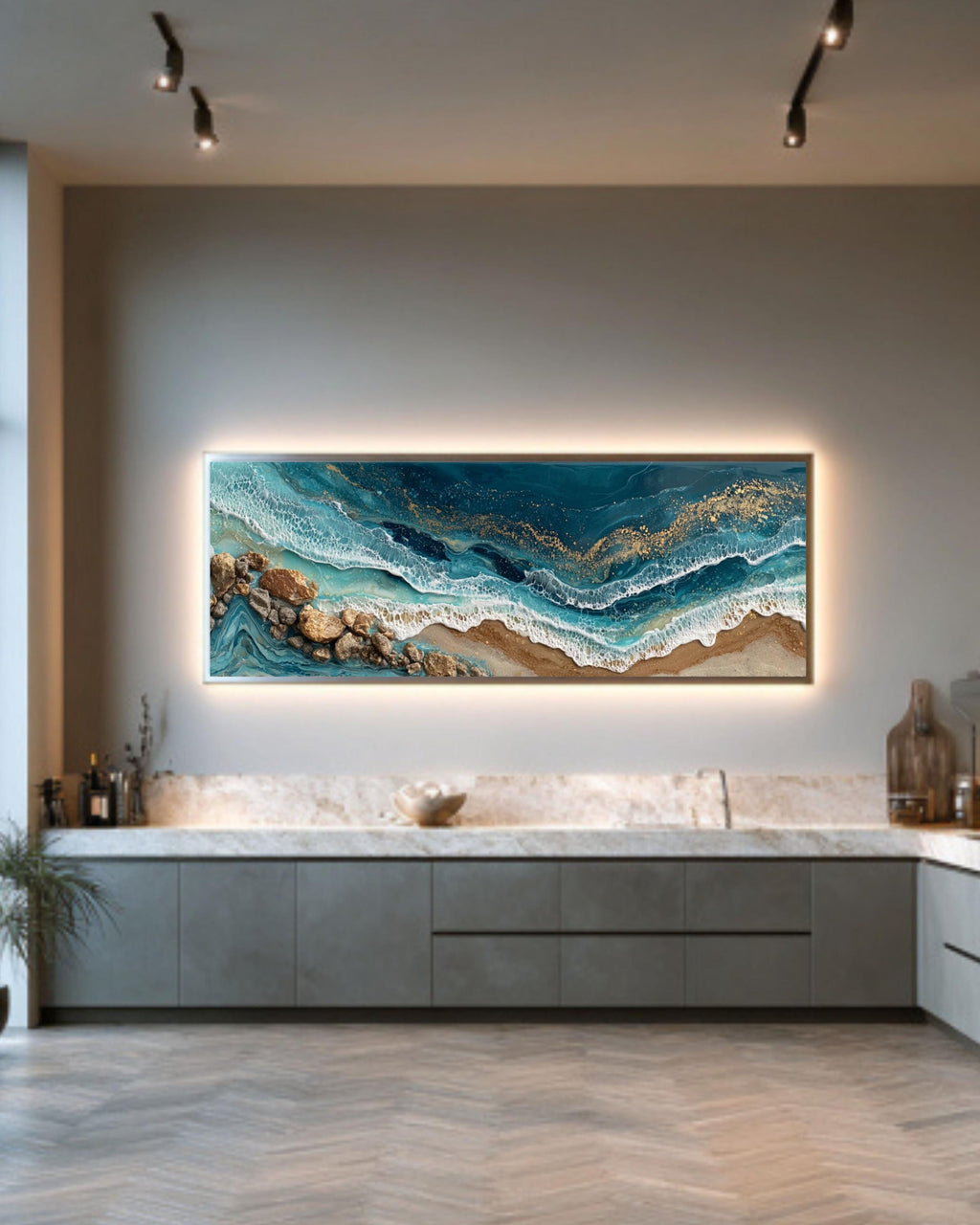 Abstract Ocean Wave Alcohol Ink Canvas Art – Gold Accent